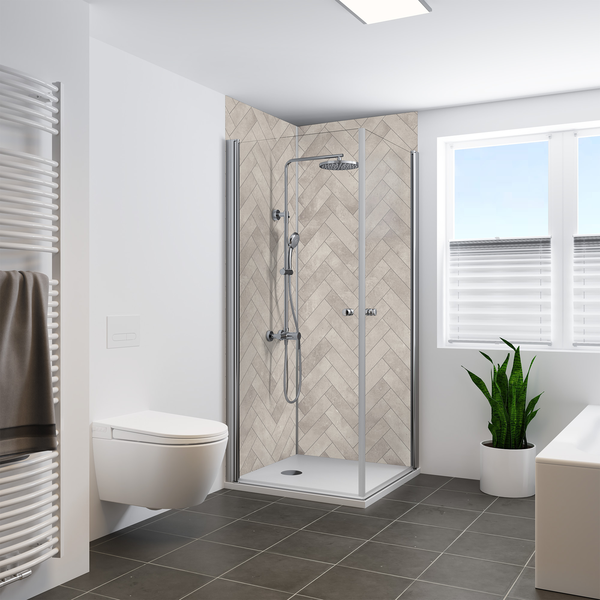 Duschrückwand Seidenmatt Fischgrät Grau Eckeinstieg