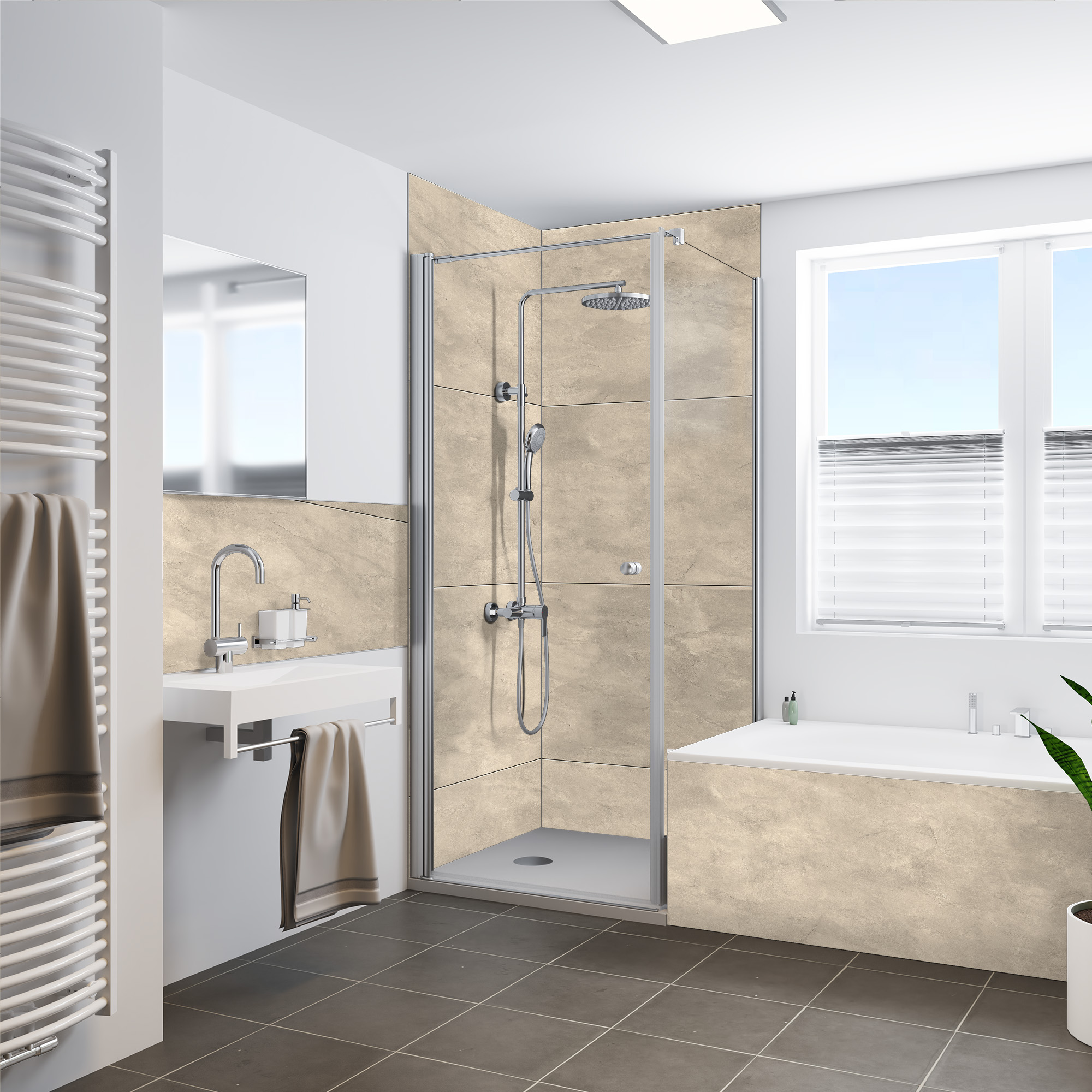 Rückwand, Große-Fliese beige