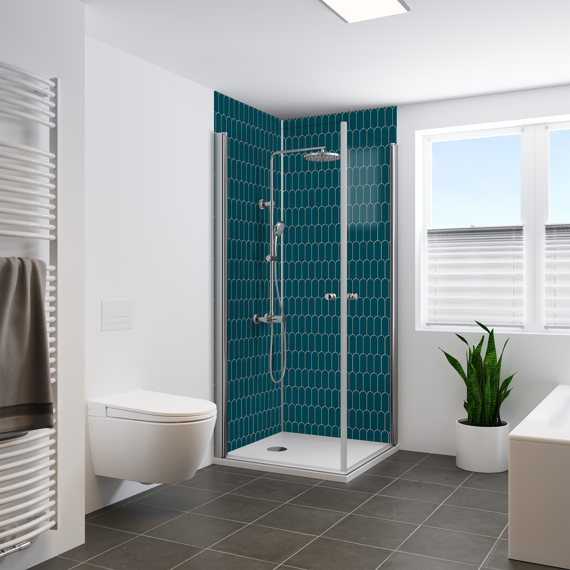 Duschrückwand Hochglanz Bogenmosaik Petrol Eckeinstieg