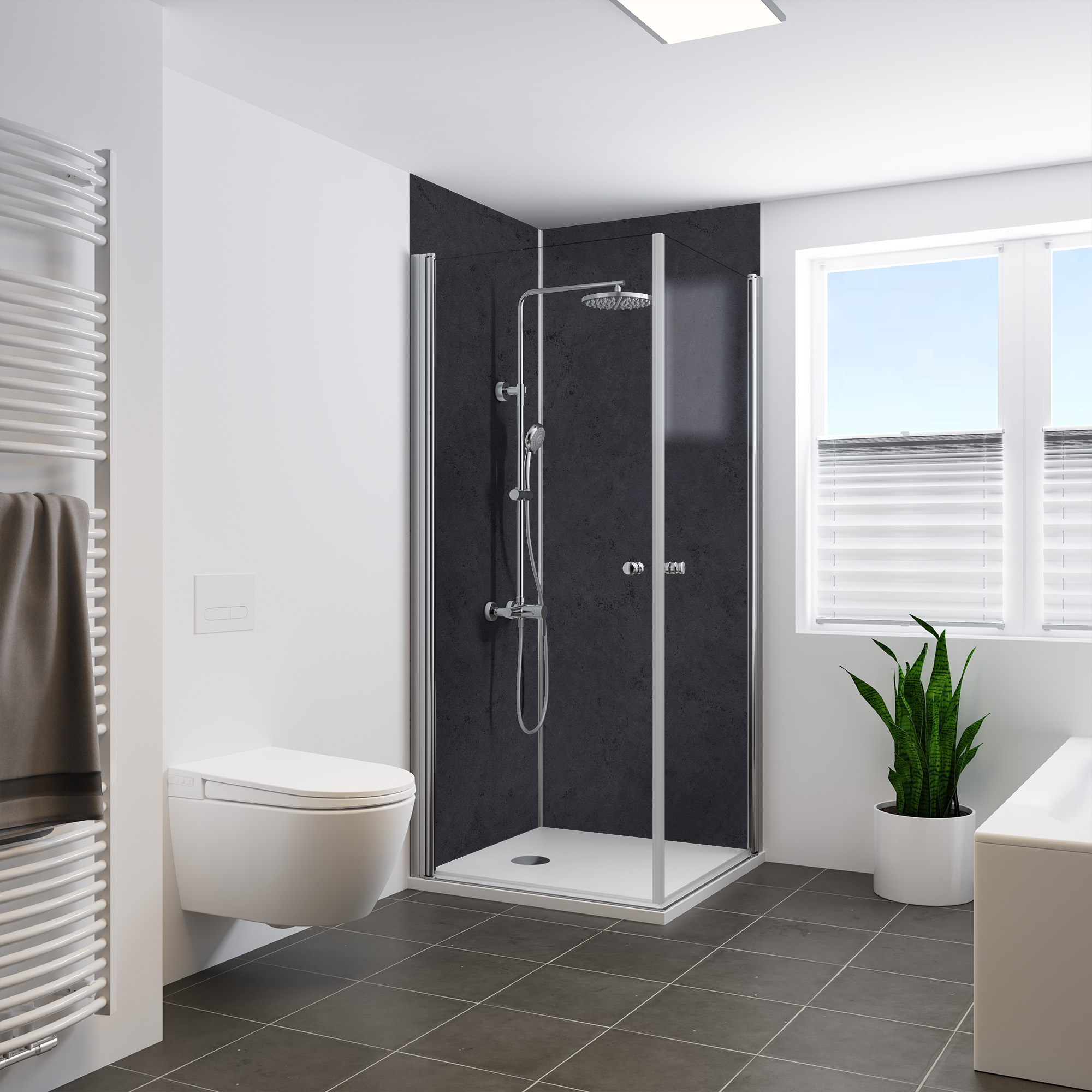 Seidenmatt Stein Anthrazit, Dusche in Ecke