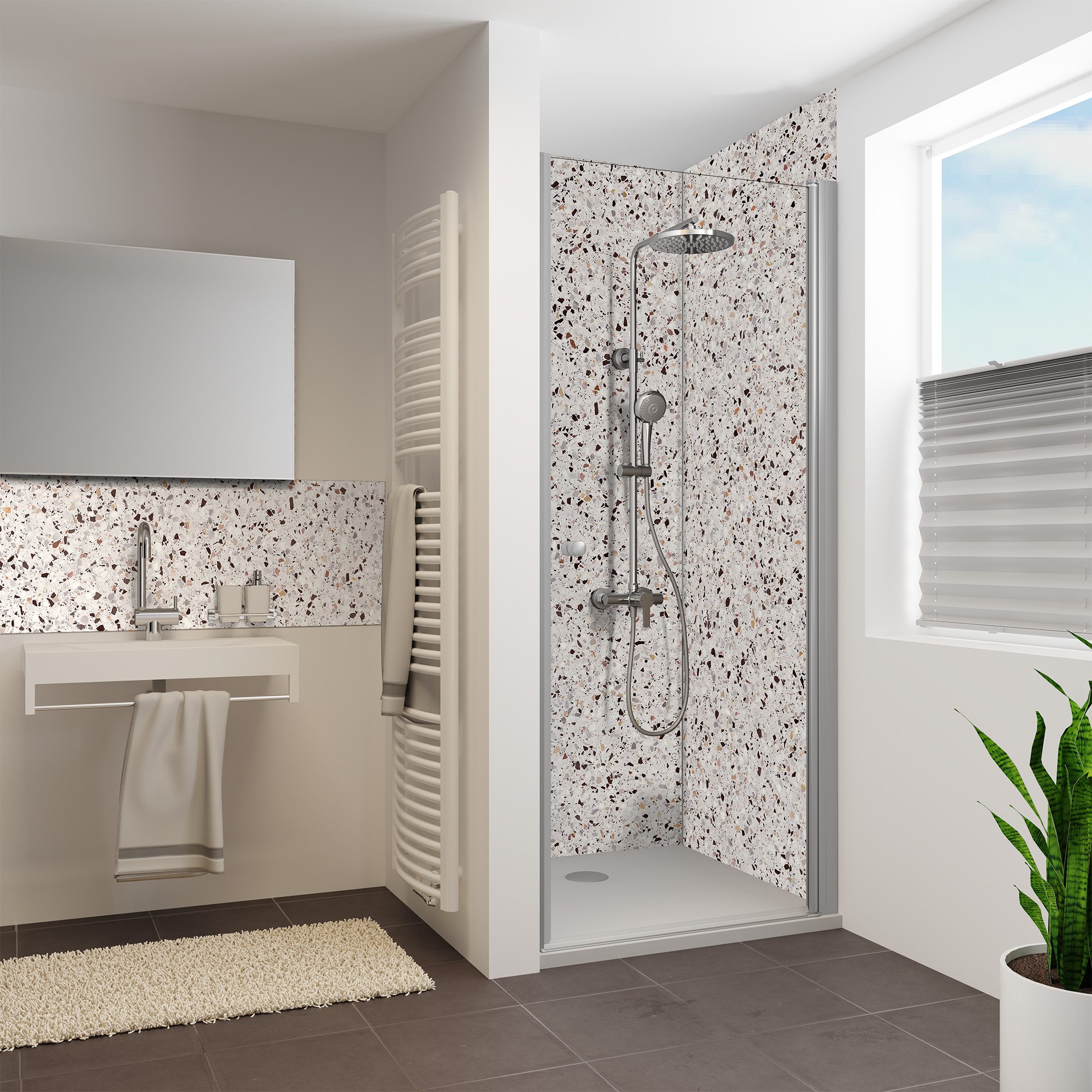 Duschrückwand Seidenmatt Terrazzo Feinmix Nische