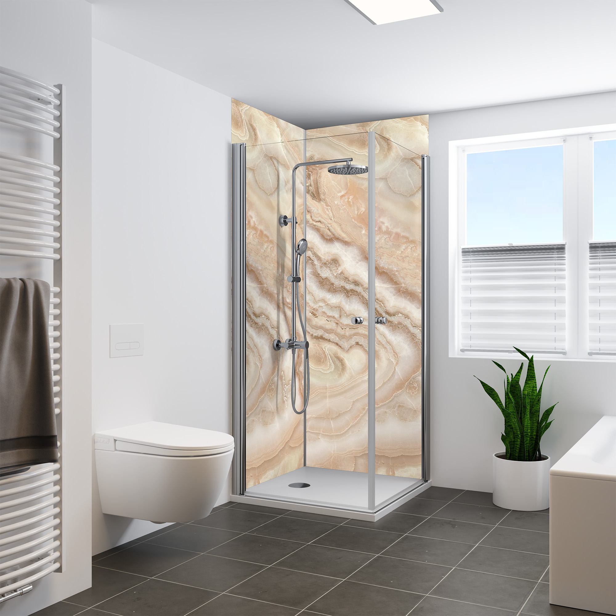 Duschrückwand Seidenmatt Marmor Beige-Weiß Eckeinstieg