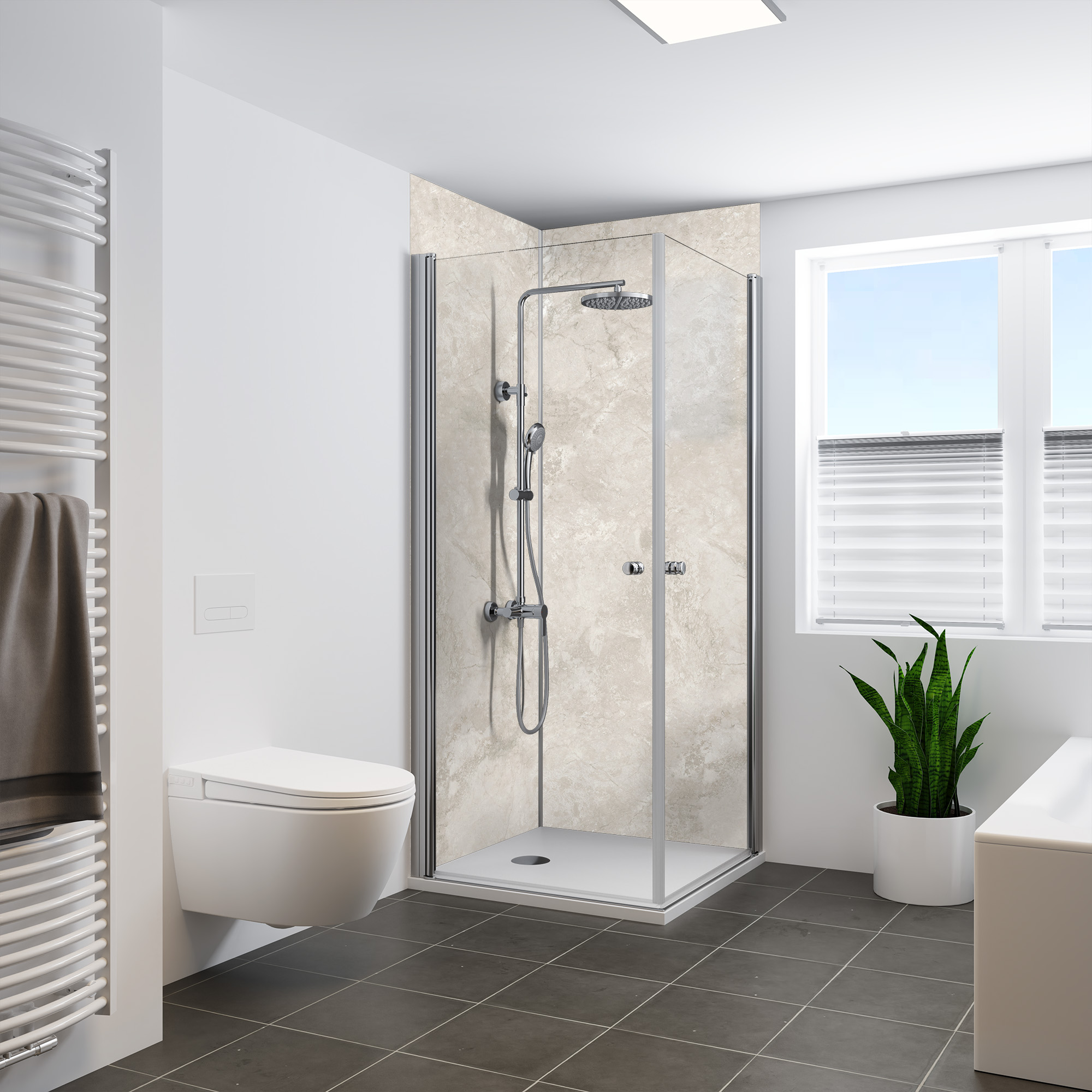 Seidenmatt Marmor Beige, Dusche in Ecke