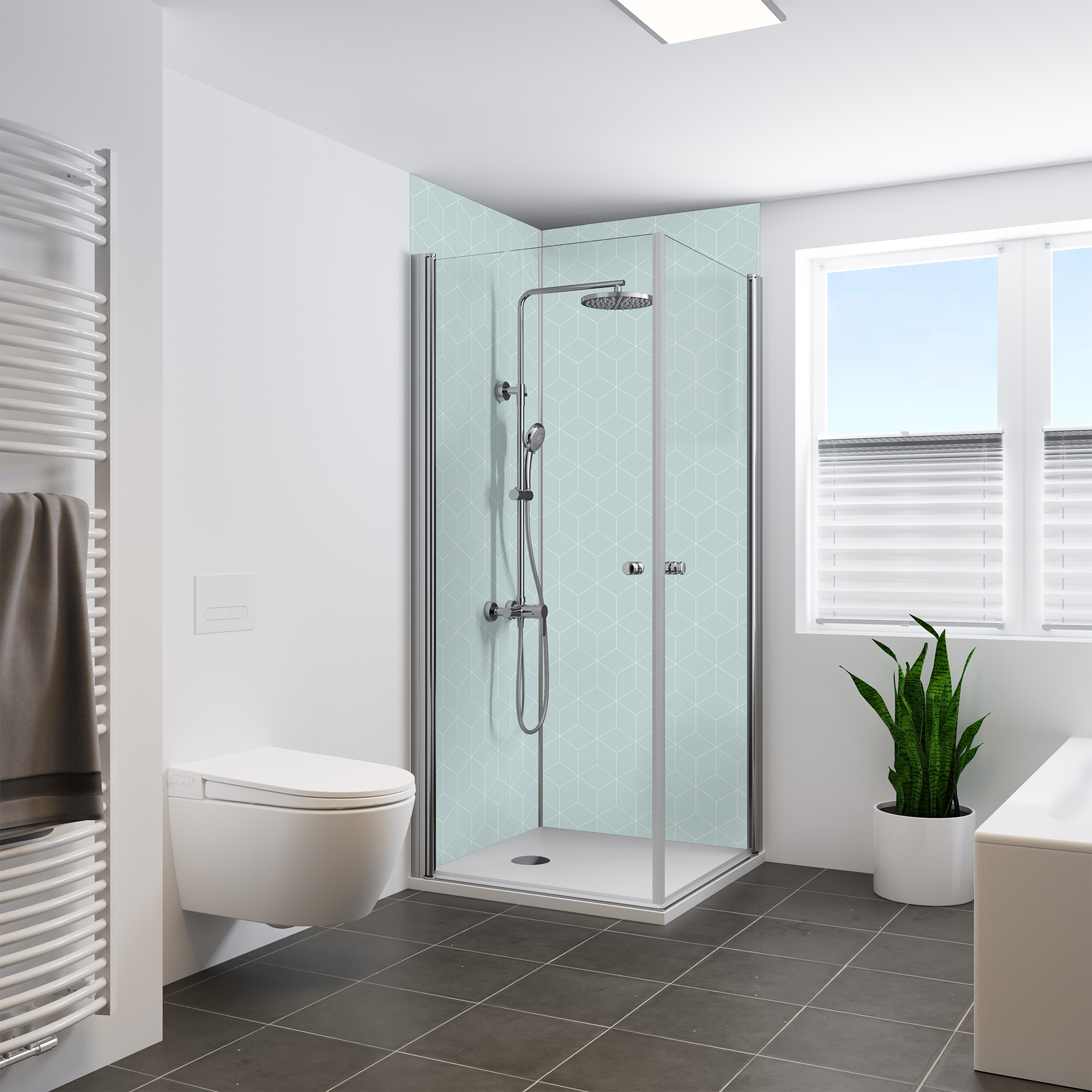 Duschrückwand Seidenmatt Hexagon Mint Eckeinstieg