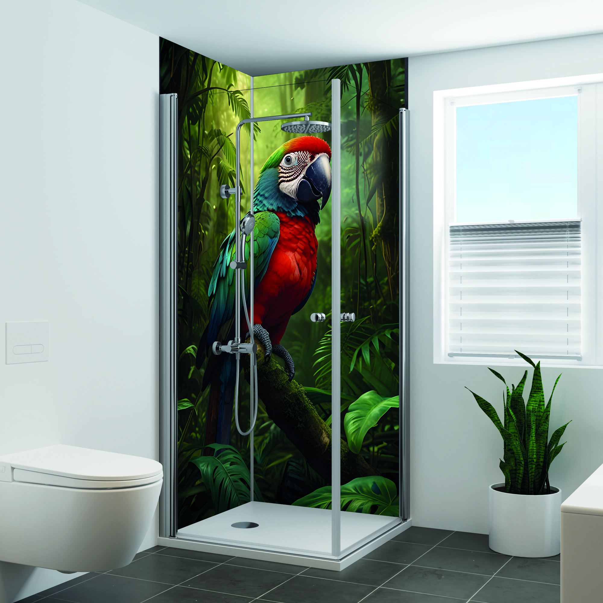 Duschrückwand Foto Papagei in Eckdusche