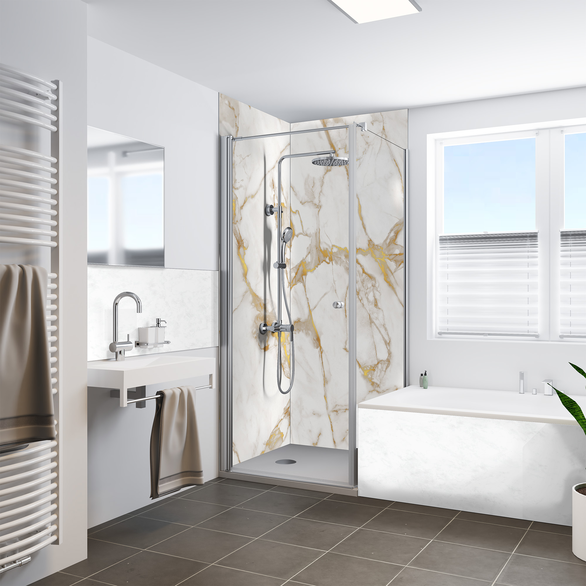 Duschrückwand Seidnematt Marmor Weiß-Gold Dusche+BSW