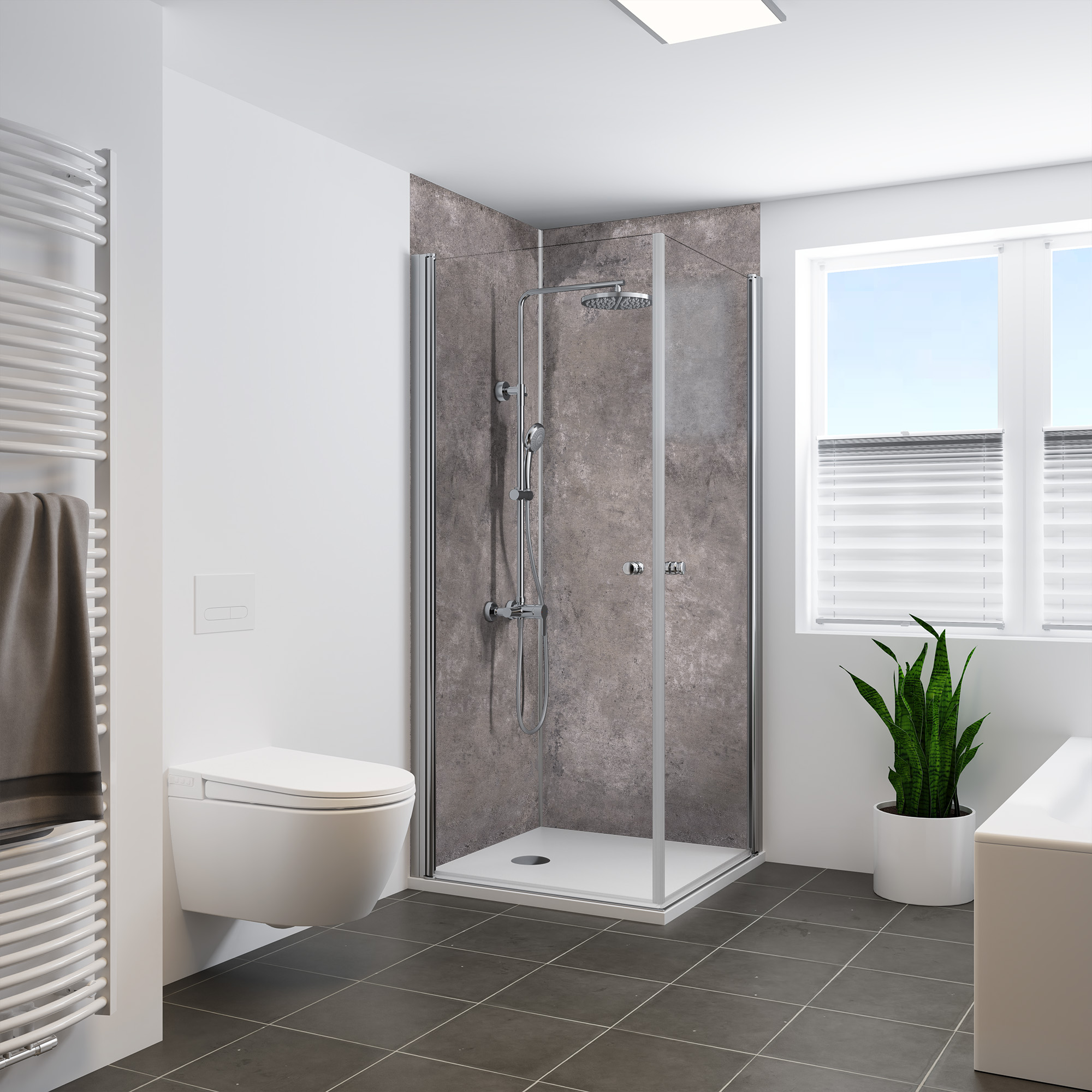 Seidenmatt Beton Rustik, Dusche in Ecke