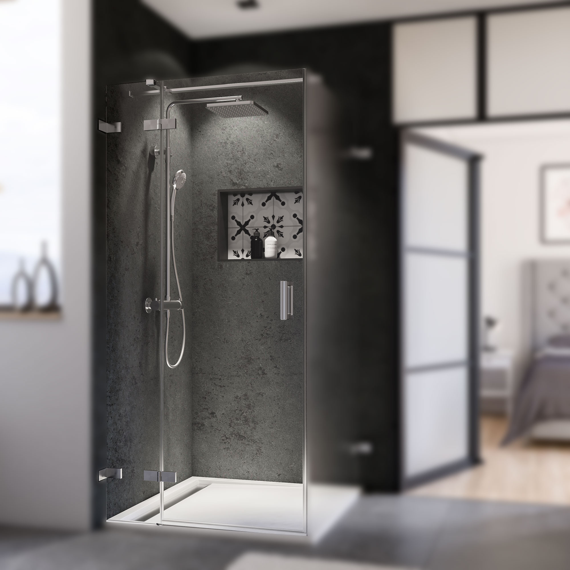 Panorama Drehtür mit Festteil Anschlag links, rahmenlos, Fokus