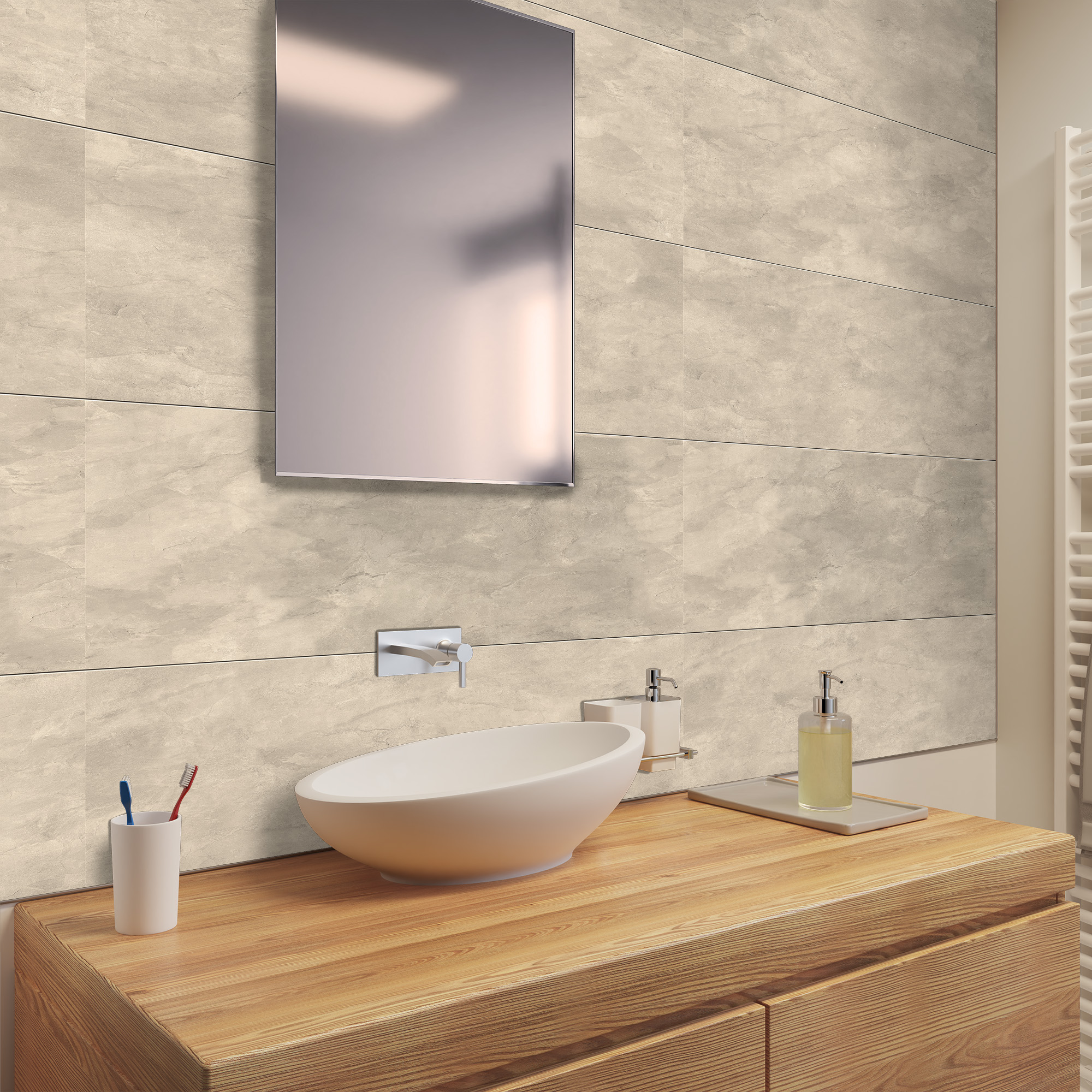 Rückwand, Große Fliese beige