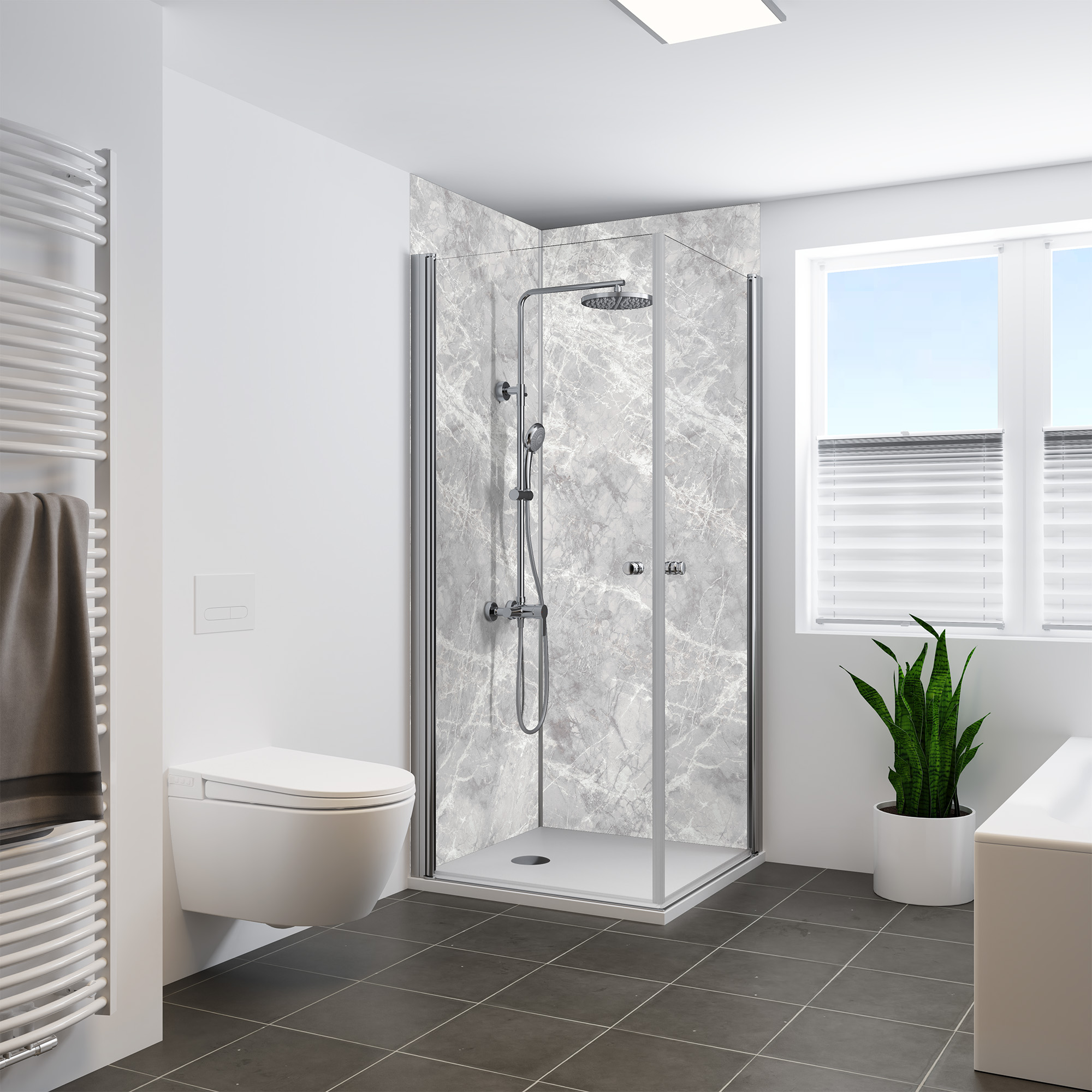 Duschrückwand Seidenmatt Silbergrau Eckeinstieg