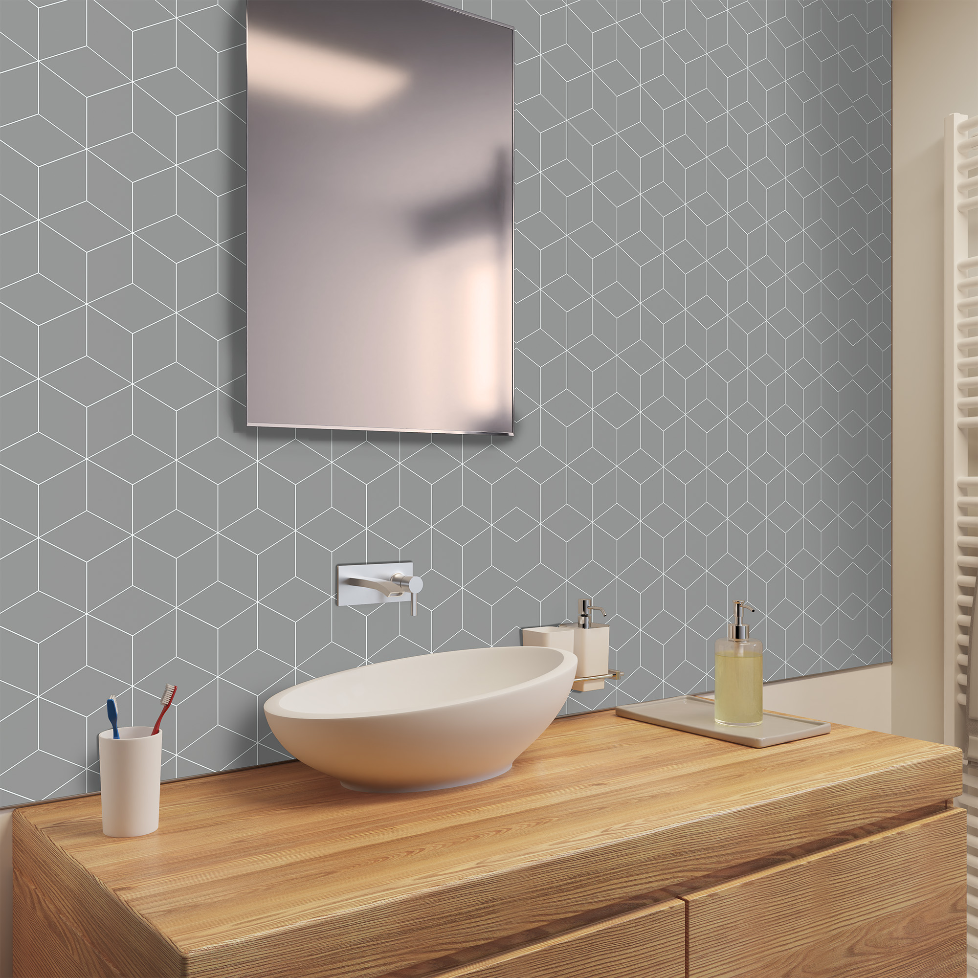 Duschrückwand Seidenmatt Hexagon Grau Waschtisch