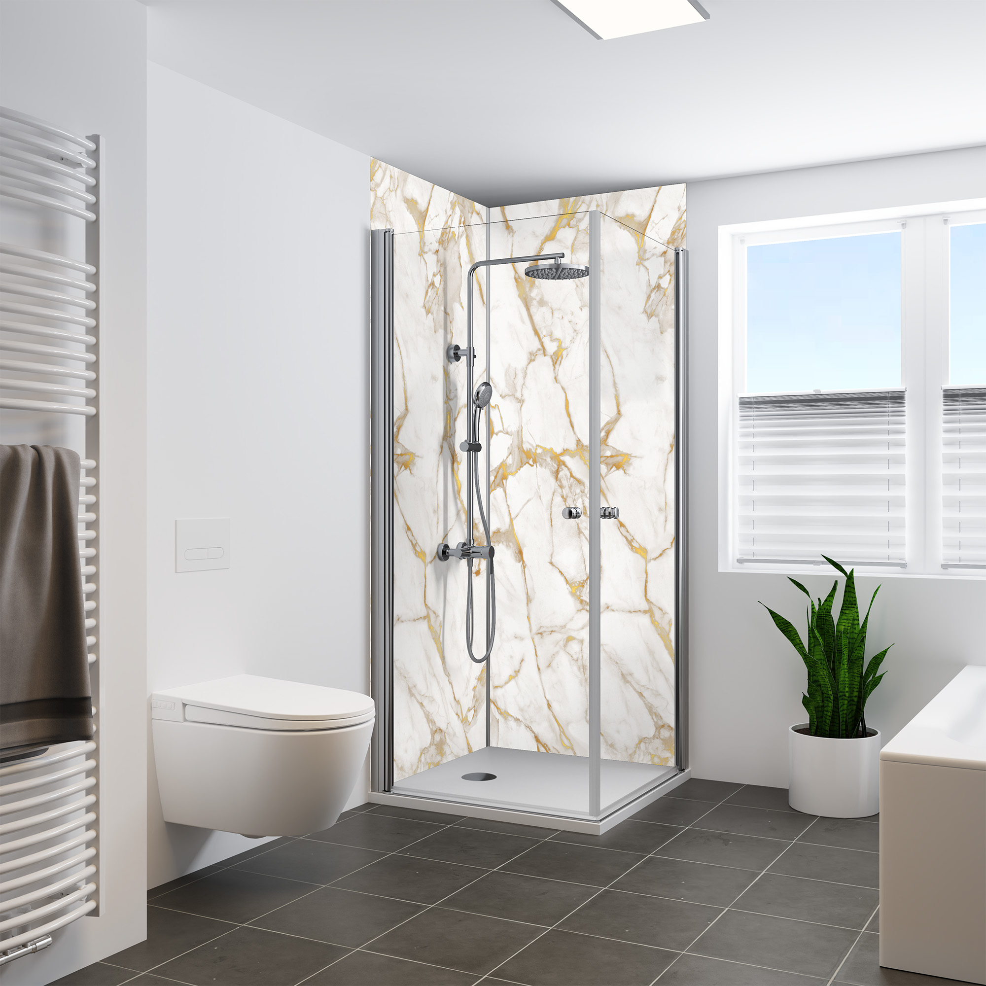 Duschrückwand Seidenmatt Marmor Weiß-Gold Eckeinstieg