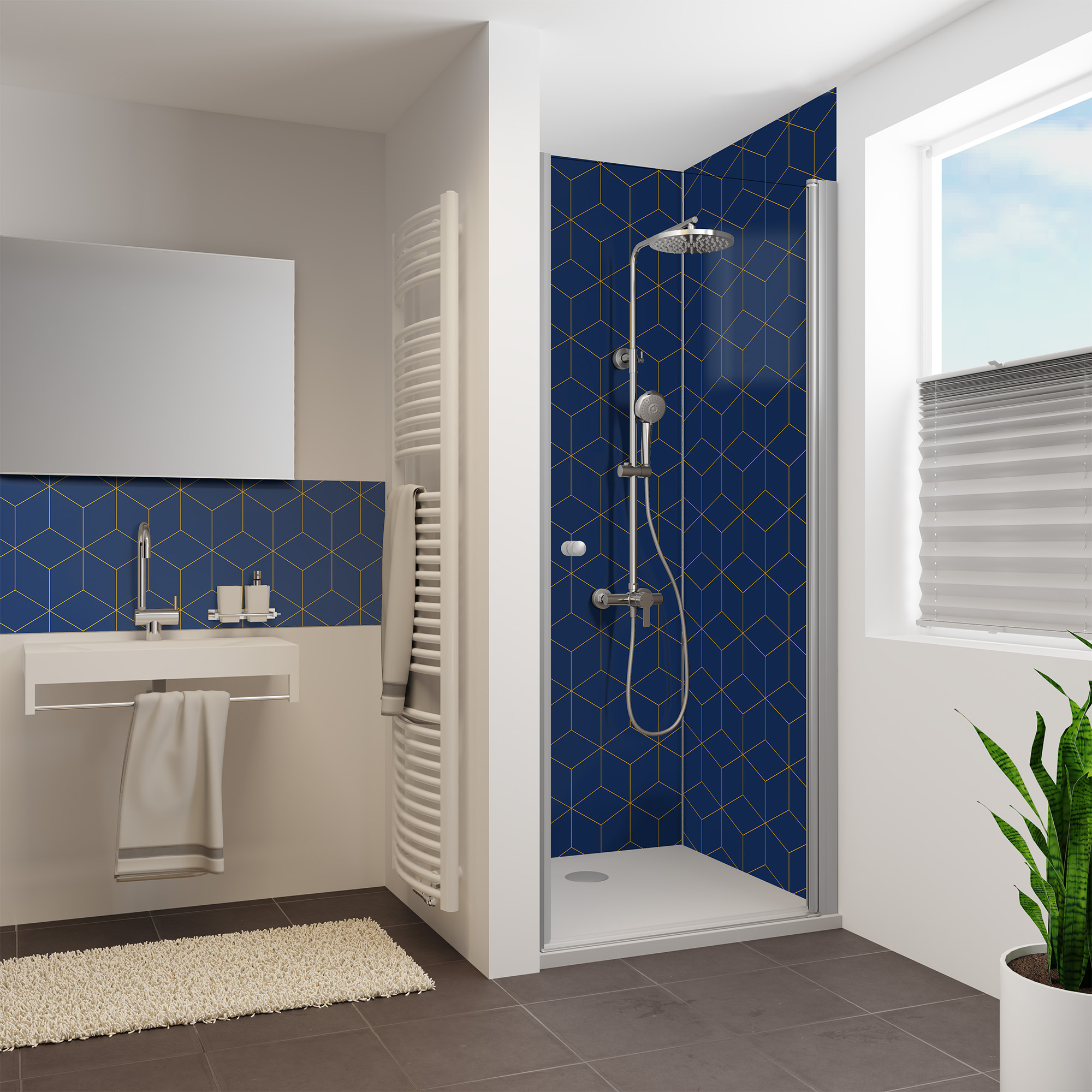 Duschrückwand Seidenmatt Hexagon Blau Nische