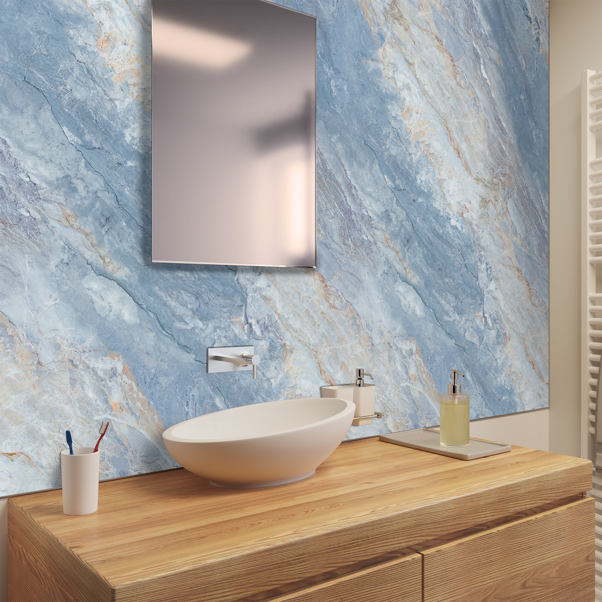 Duschrückwand Seidenmatt Marmor Blau Waschtisch