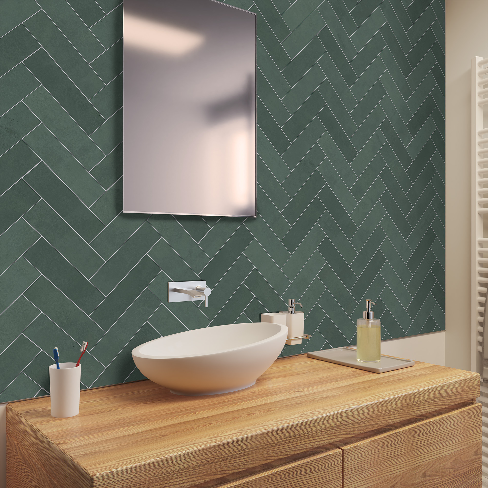 Duschrückwand Seidenmatt Fischgrät Grün Waschtisch