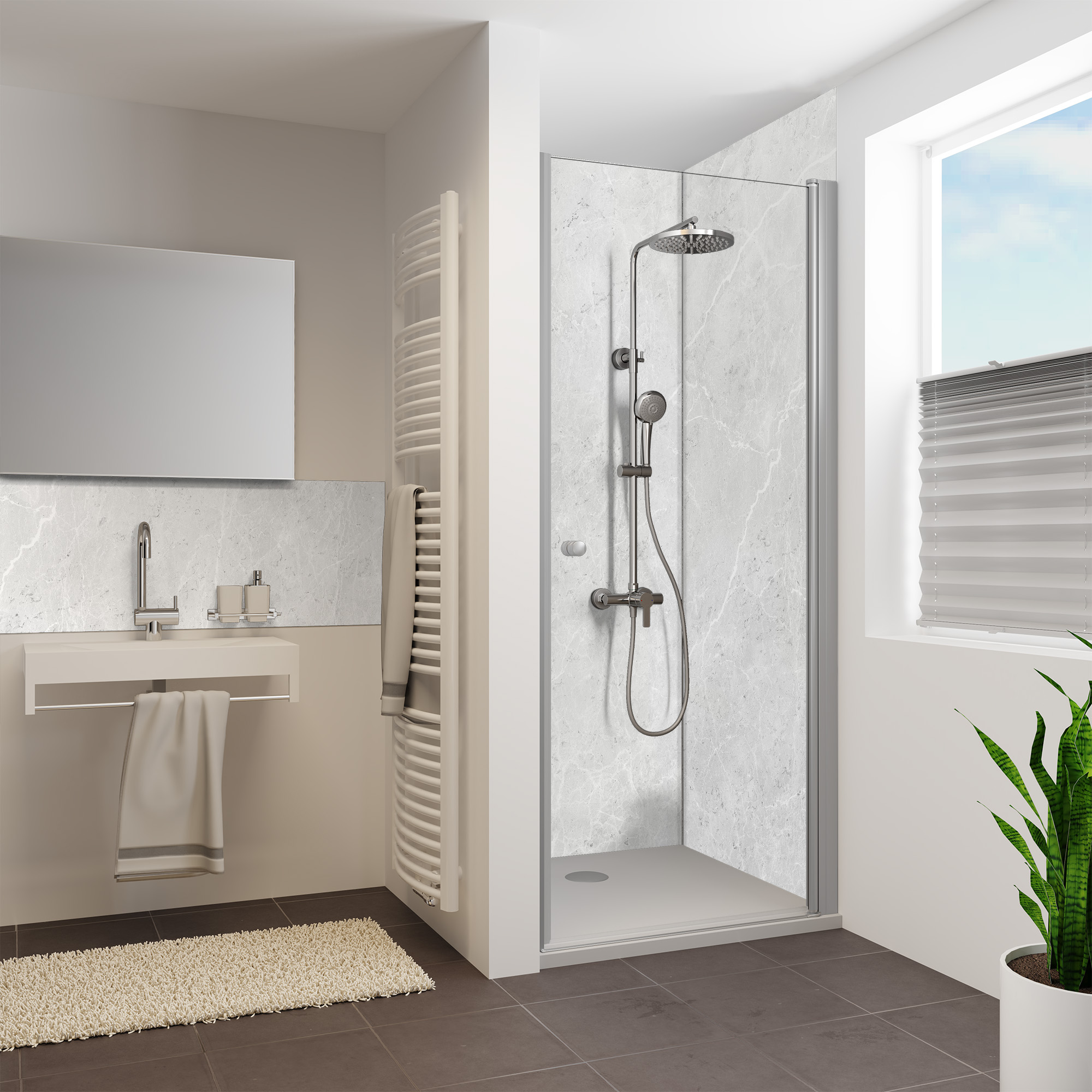Seidenmatt Marmor Light-Grey, Dusche in Nische