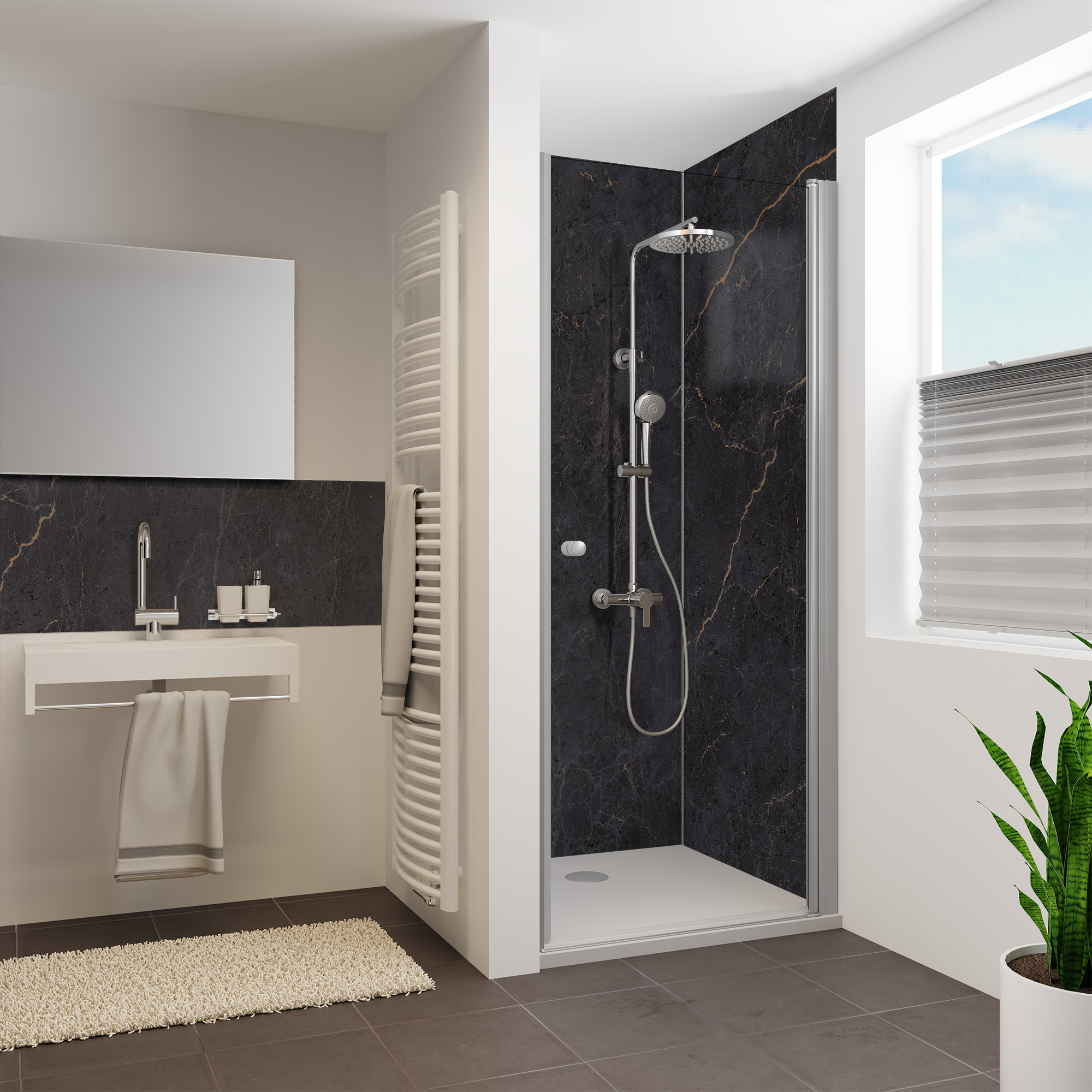 Seidenmatt Marmor Schwarz-Kupfer, Dusche in Nische