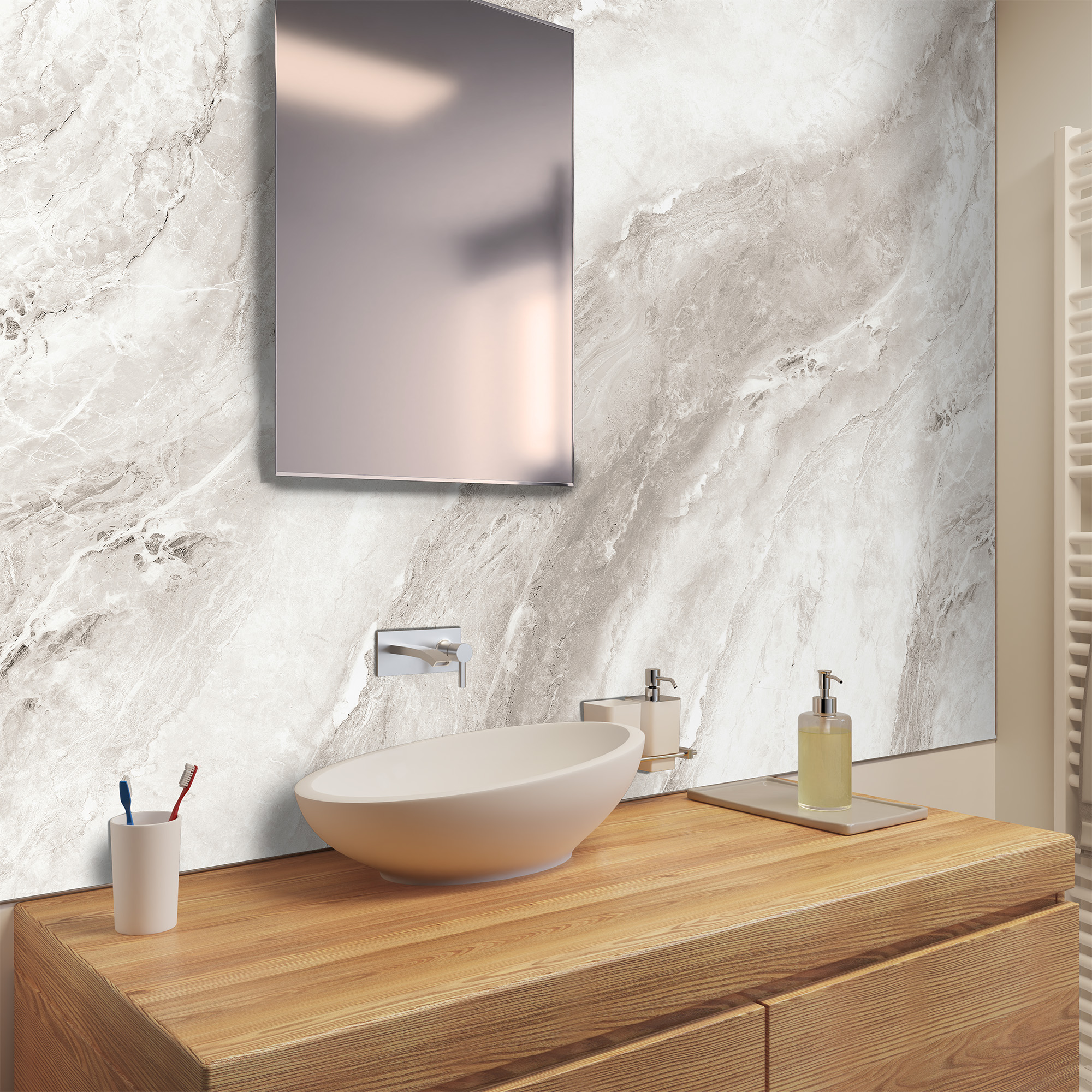 Duschrückwand Seidenmatt Onyxmarmor Grau Waschtisch