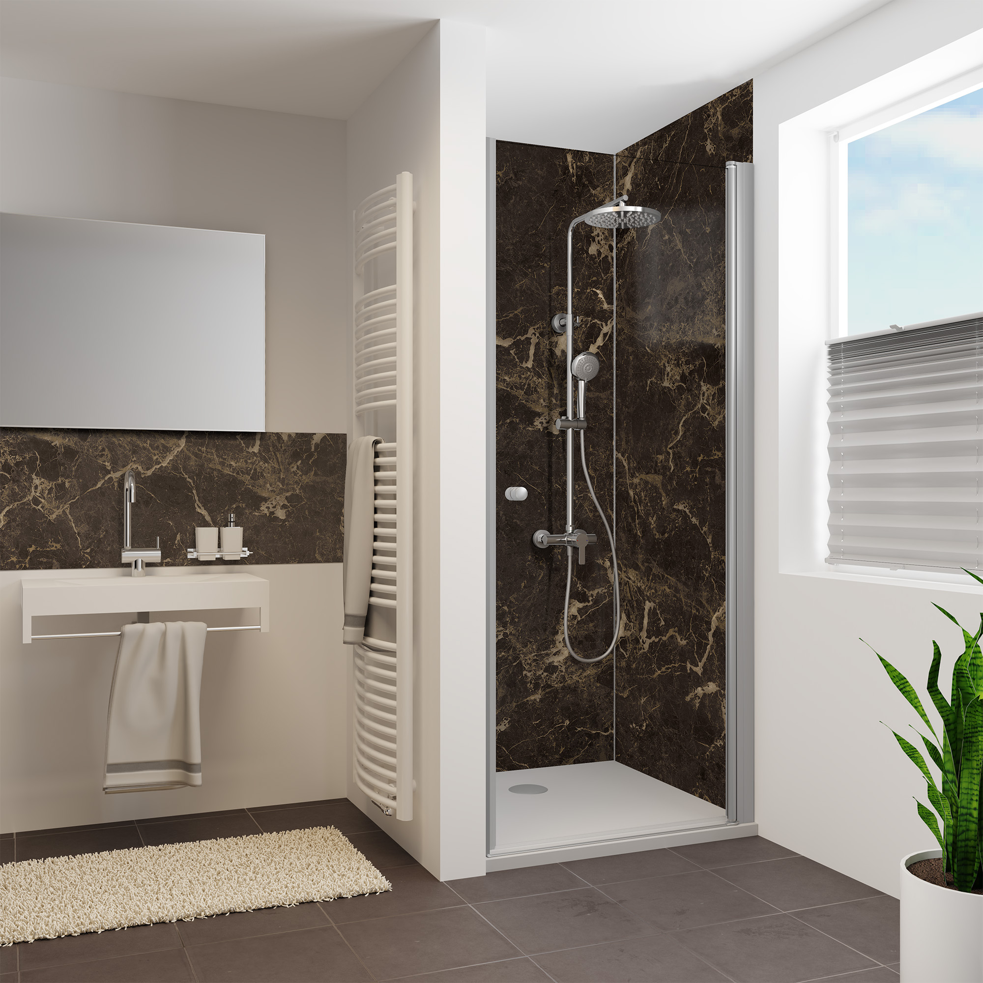 Duschrückwand Seidenmatt Marmor Braun Nische