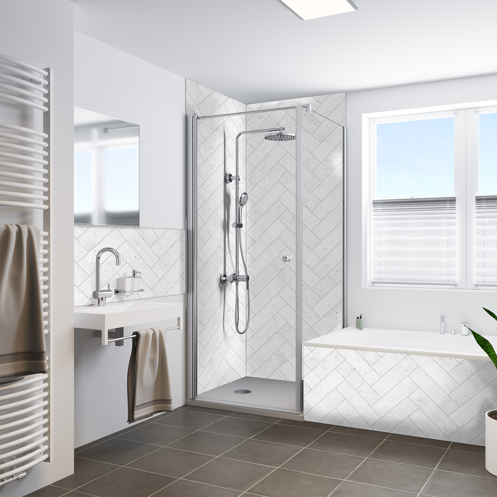 Duschrückwand Seidenmatt Fischgrät Weiß Dusche+BSW