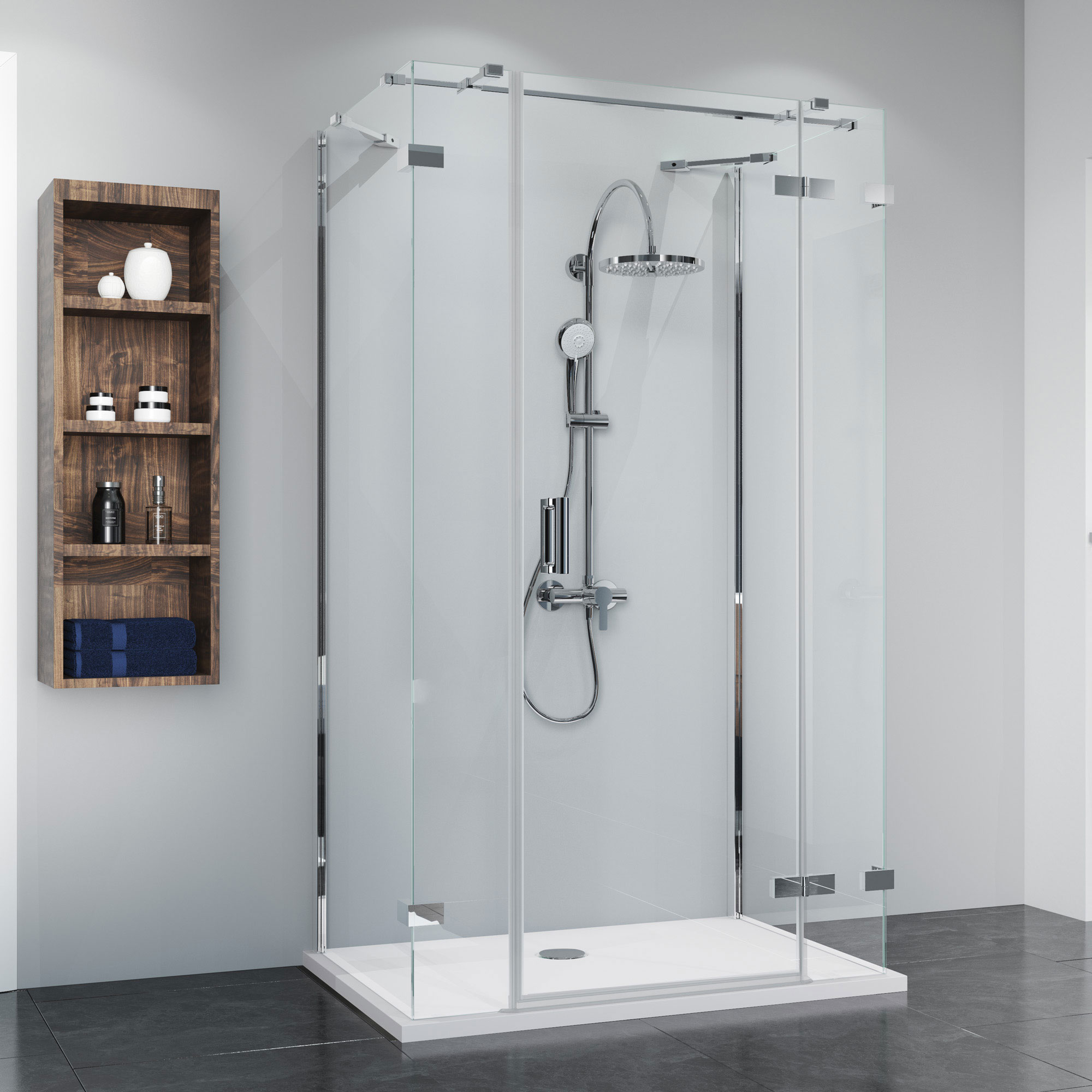 Duschkabine Panorama: U-Kabine Drehtür mit Festteil, Nebenteil und 2 Seitenwänden, rechts