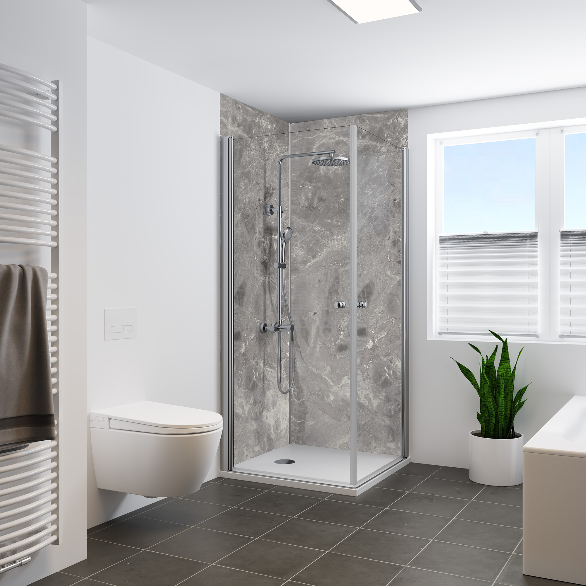 Duschrückwand Seidenmatt Marmor Sicilia Grau Eckeinstieg