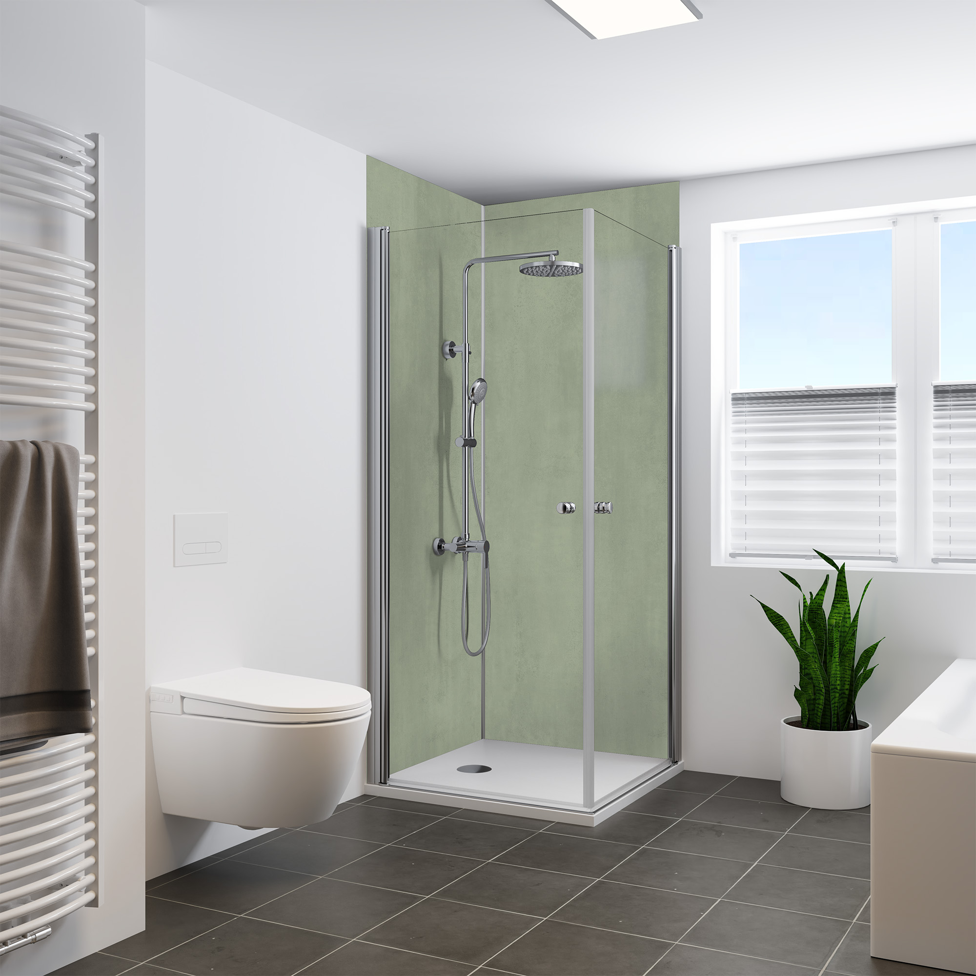 Duschrückwand Steinstruktur Beton Optik Olive Eckeinstieg