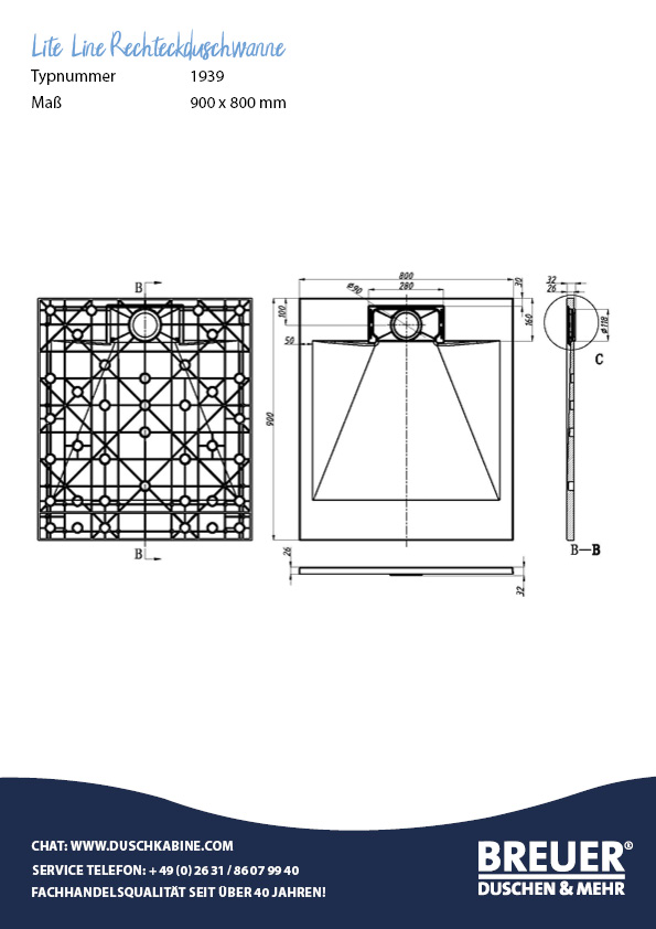 Lite Line Steinoptik Rechteckduschwanne, Maßzeichnung 900x800 mm