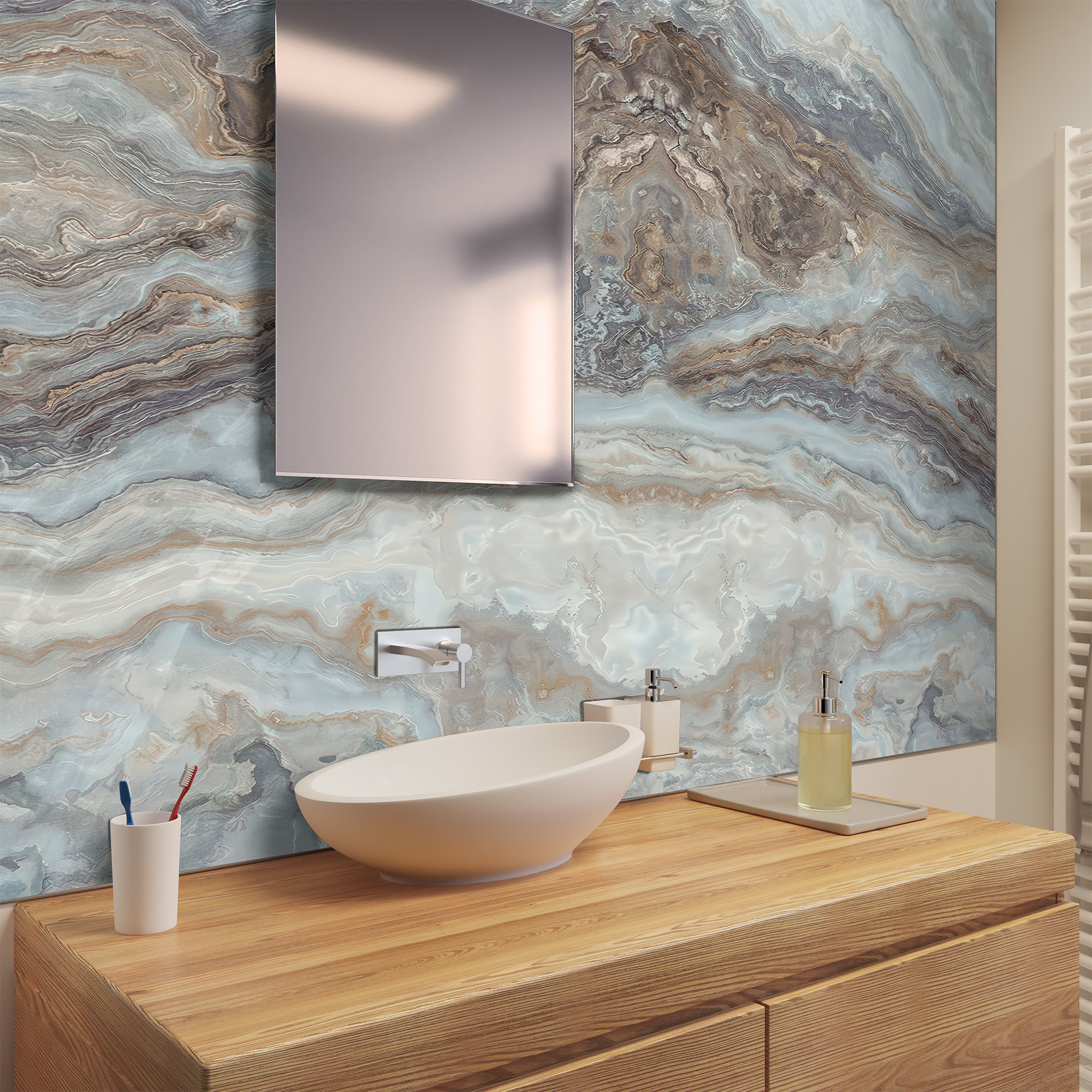 Duschrückwand Seidenmatt Marmor Achat Beige Waschtisch