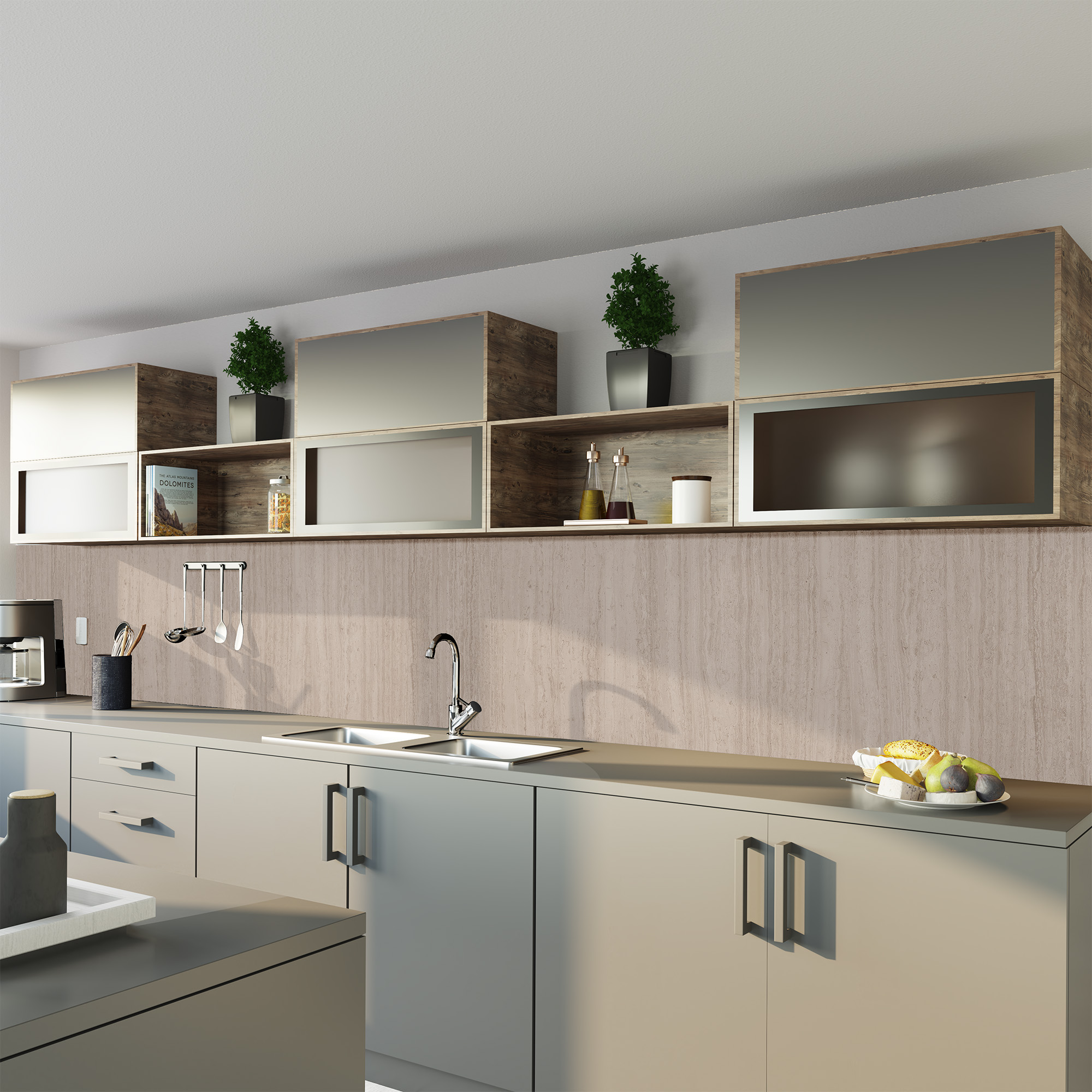 Duschrückwand Steinstruktur Travertin Sand Küche