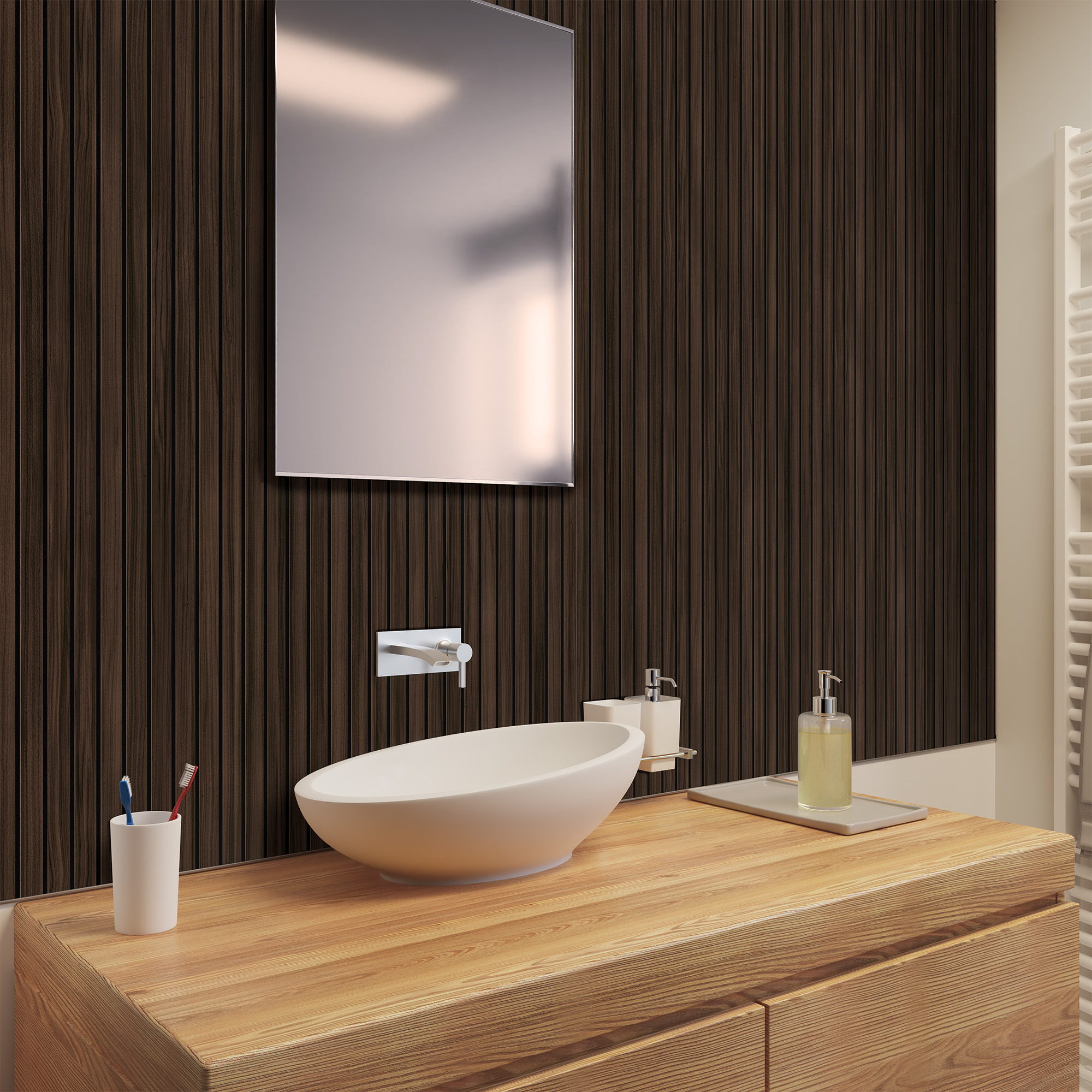 Duschrückwand Holzstruktur Scandi vertikal dunkel Waschtisch