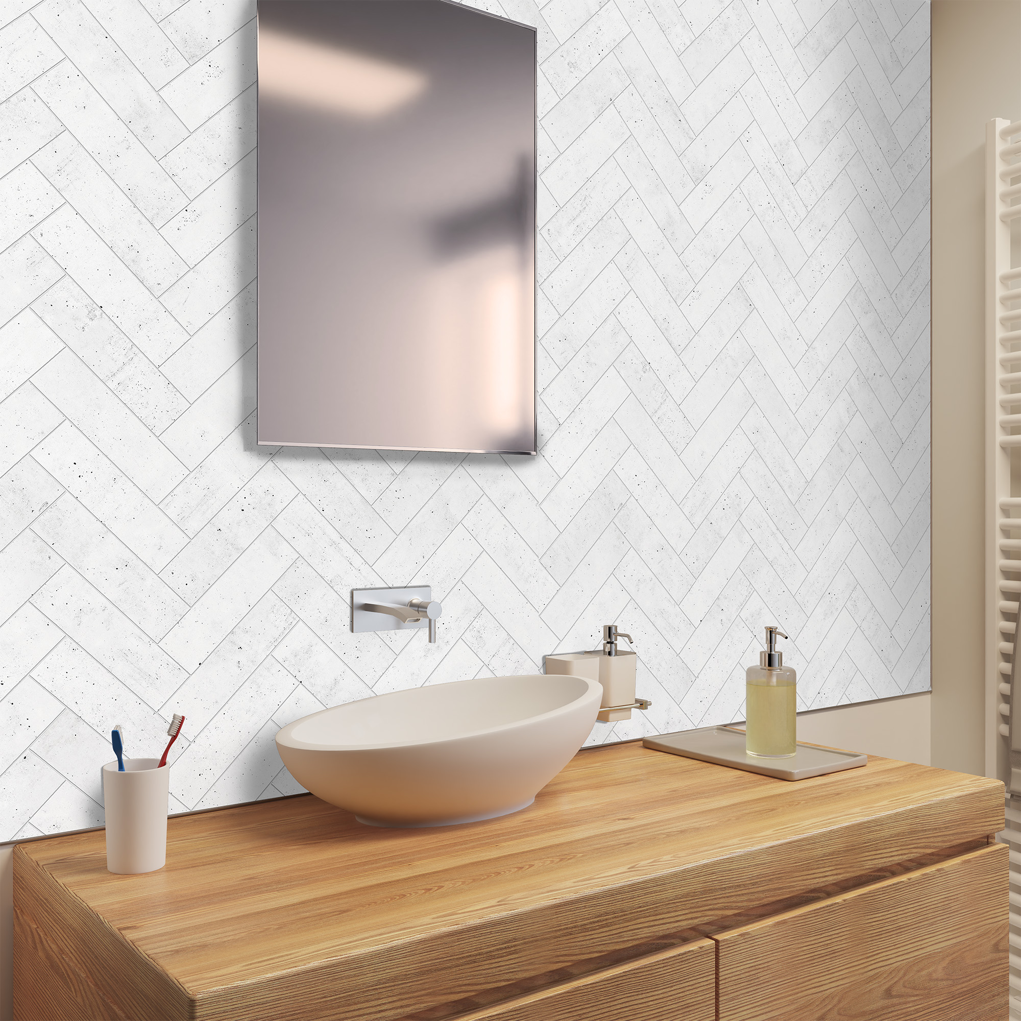 Duschrückwand Seidenmatt Fischgrät Weiß Waschtisch