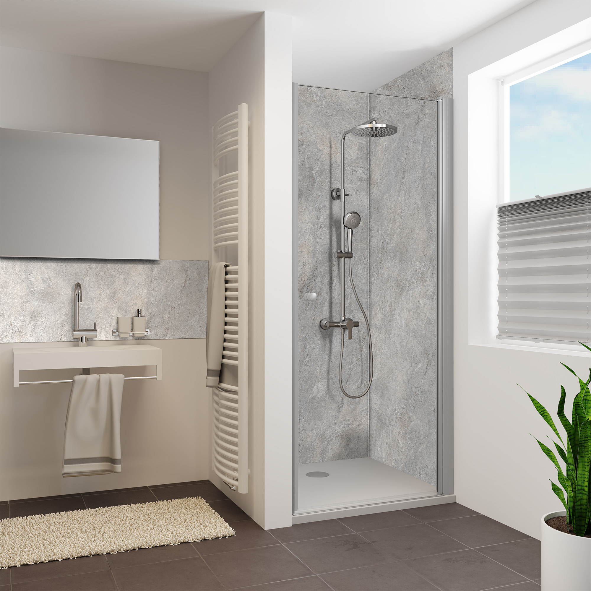 Duschrückwand Seidenmatt Naturstein silbergrau Nische