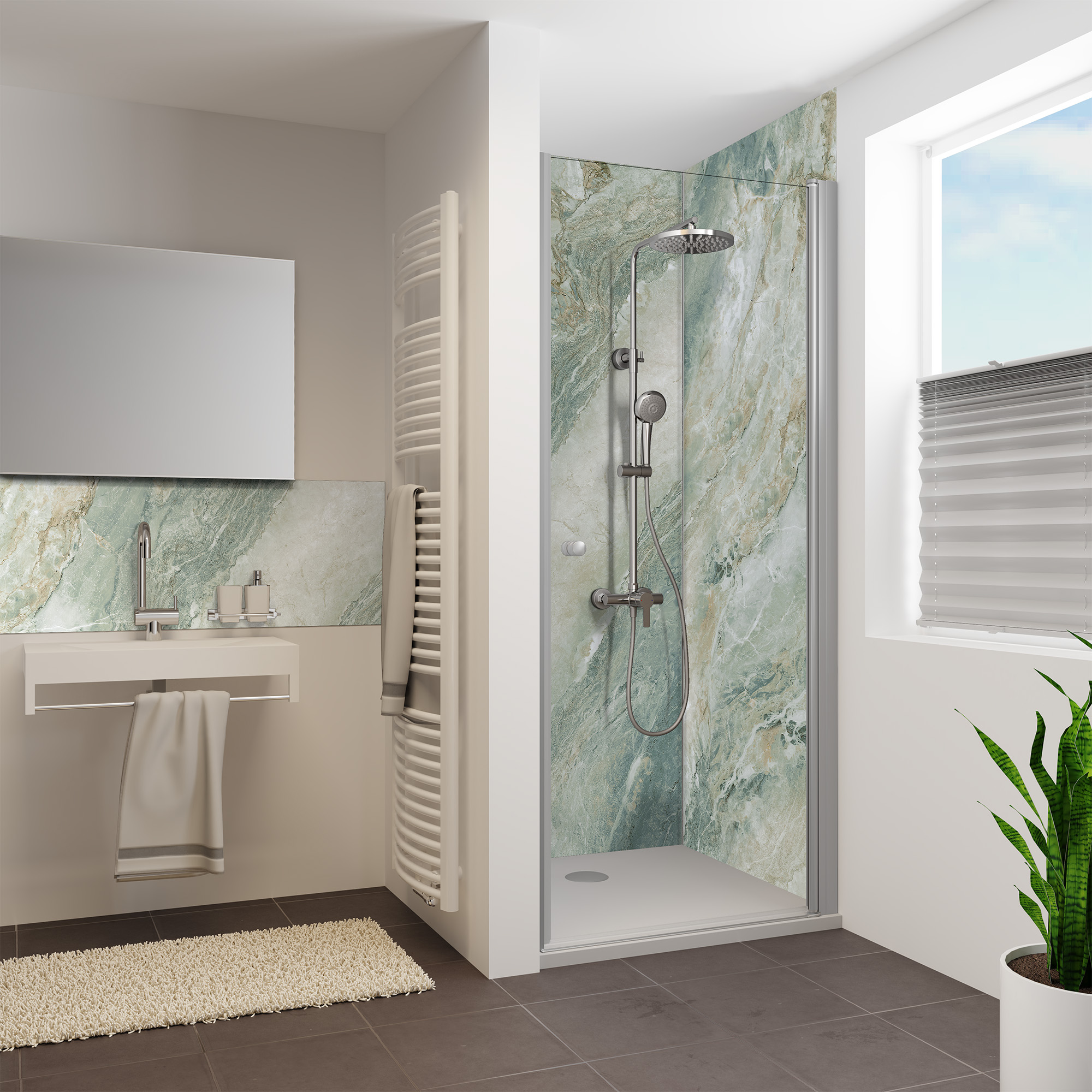 Duschrückwand Seidenmatt Onyxmarmor Grün Nische