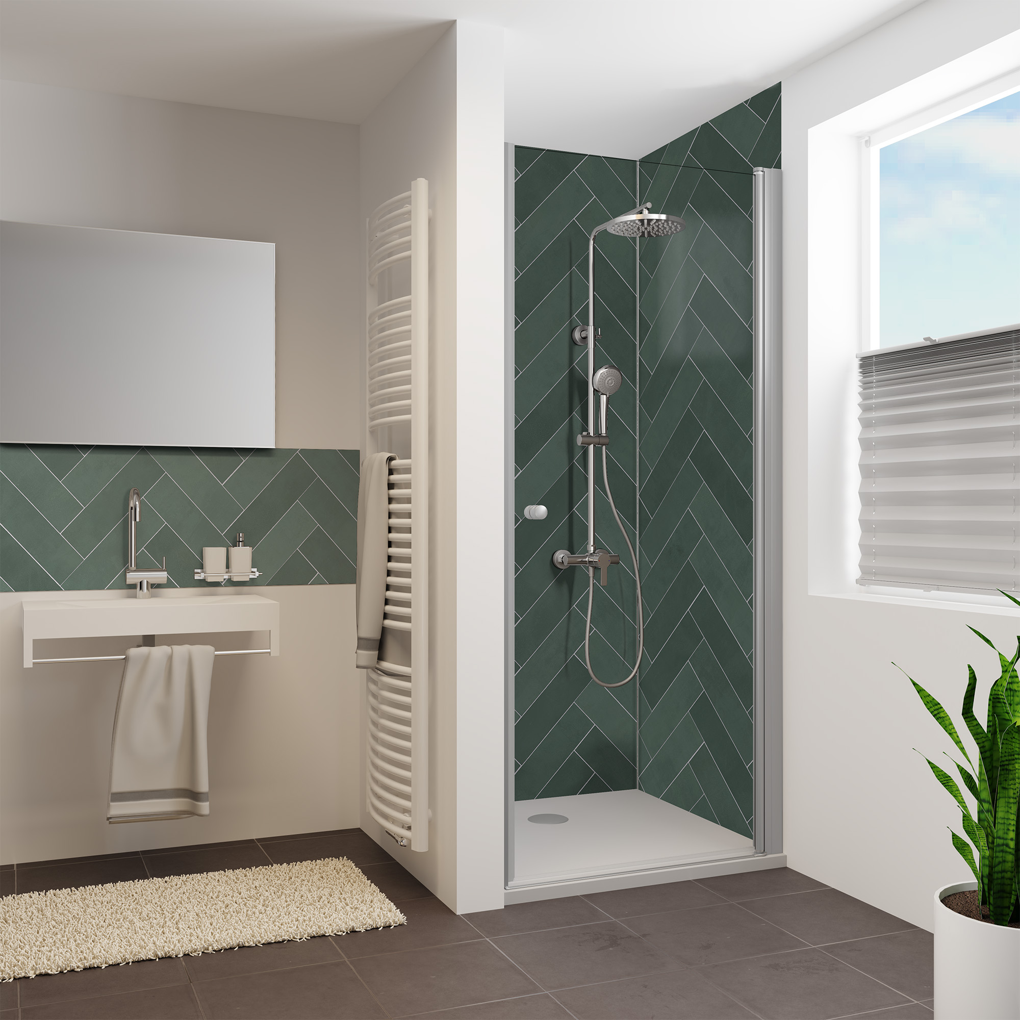 Duschrückwand Seidenmatt Fischgrät Grün Nische