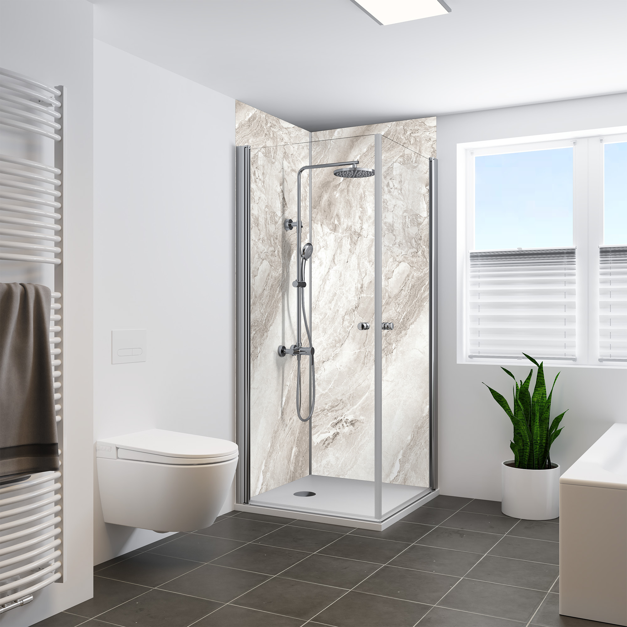 Duschrückwand Seidenmatt Onyxmarmor Grau Eckeinstieg