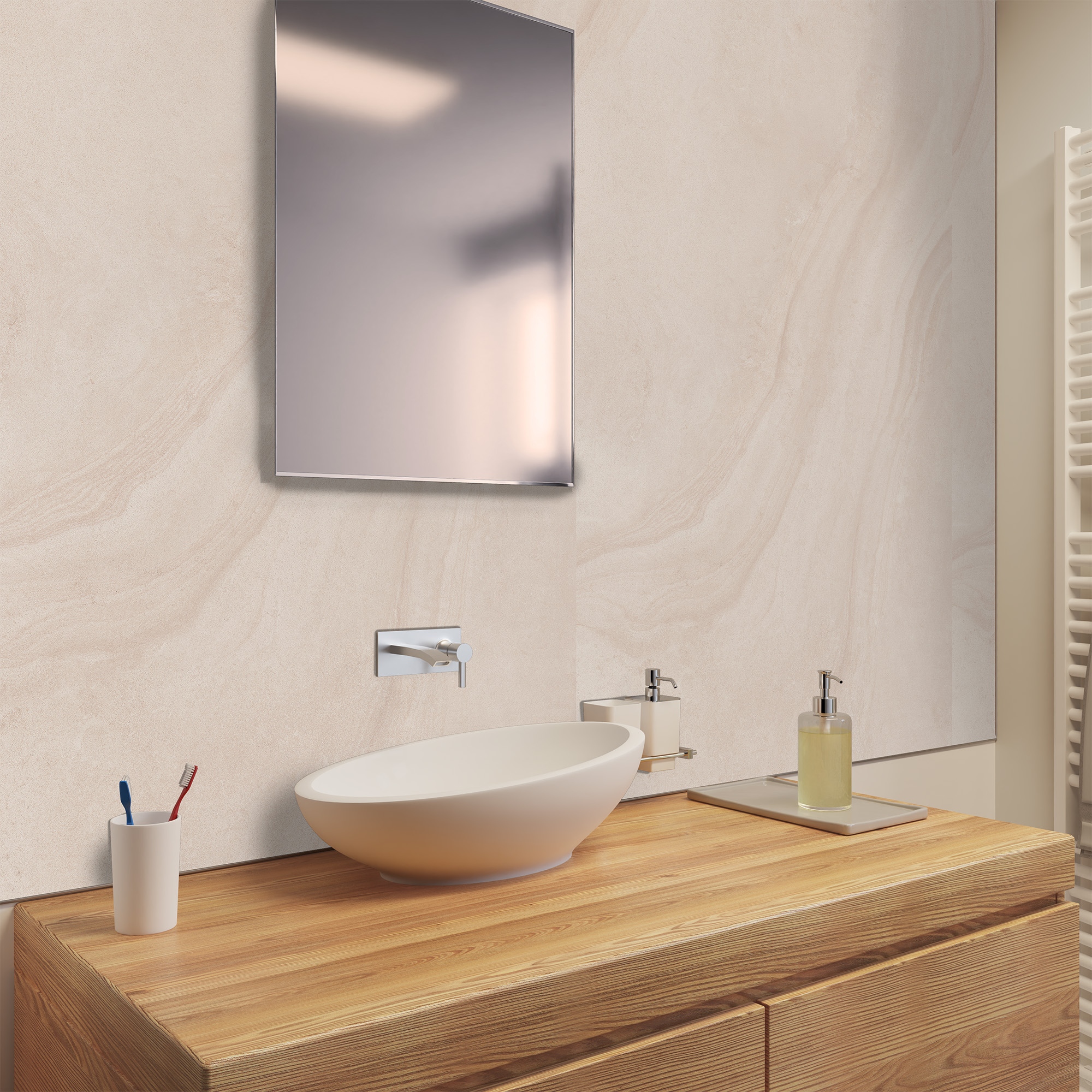 Duschrückwand Steinstruktur Naturstein Beige Waschtisch