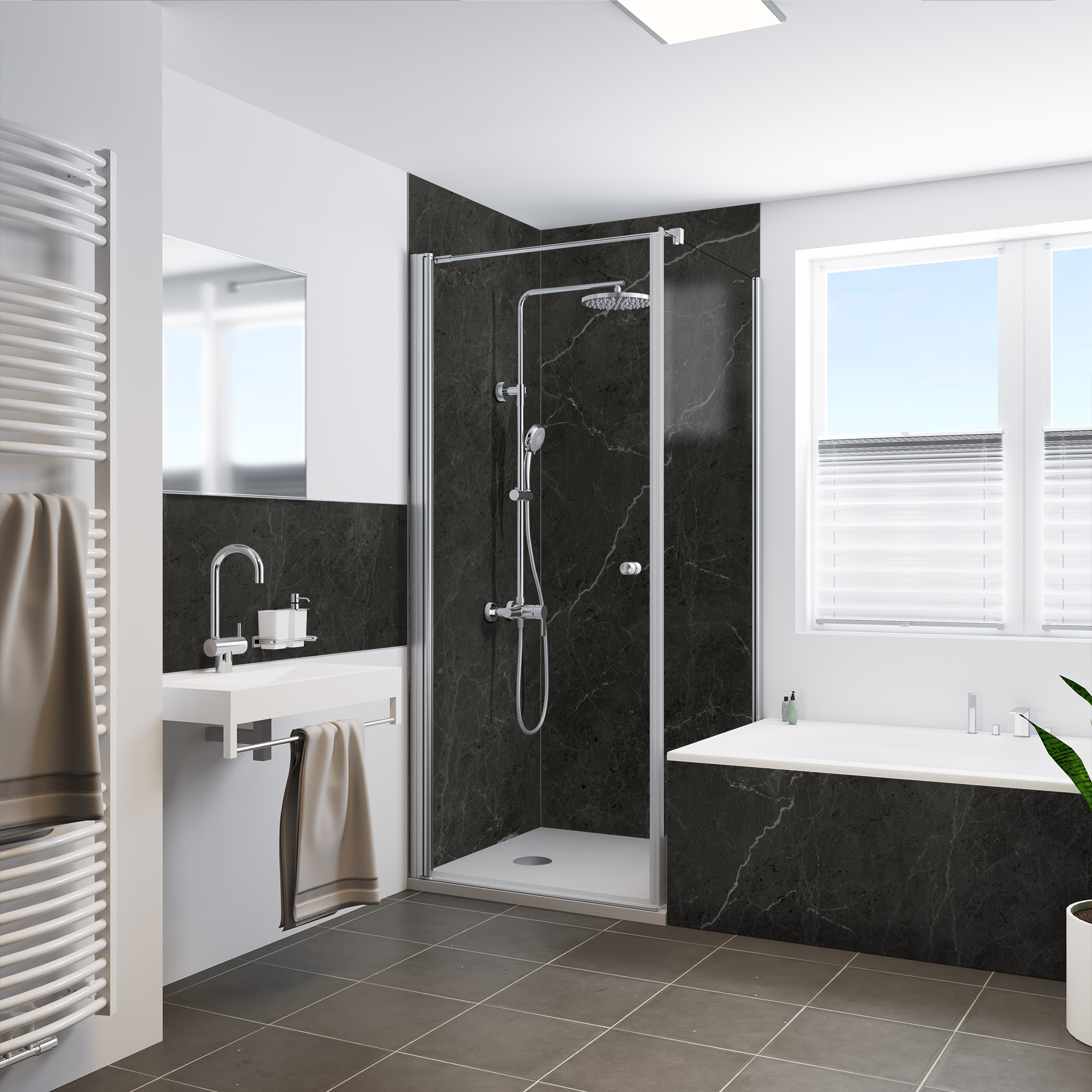 Seidenmatt Marmor Schwarz-Grau, Dusche mit Badewanne