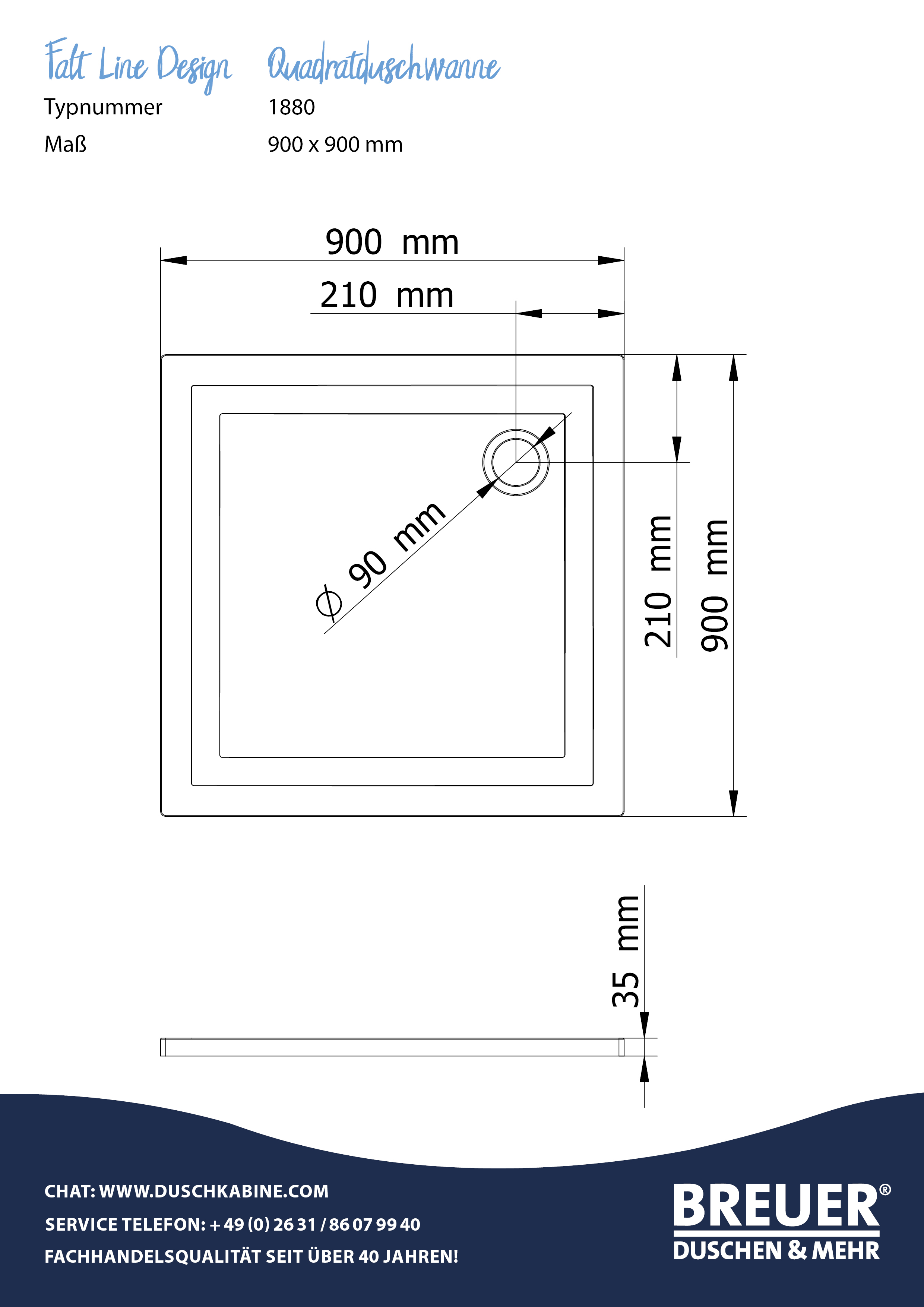 Flat Line Design - Mineralgusswanne von Breuer Abmaße 90/90