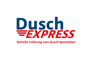 Logistikpartnerlogo von Dusch Express mit dem Slogan 'Schnelle Lieferung vom Dusch-Spezialisten'