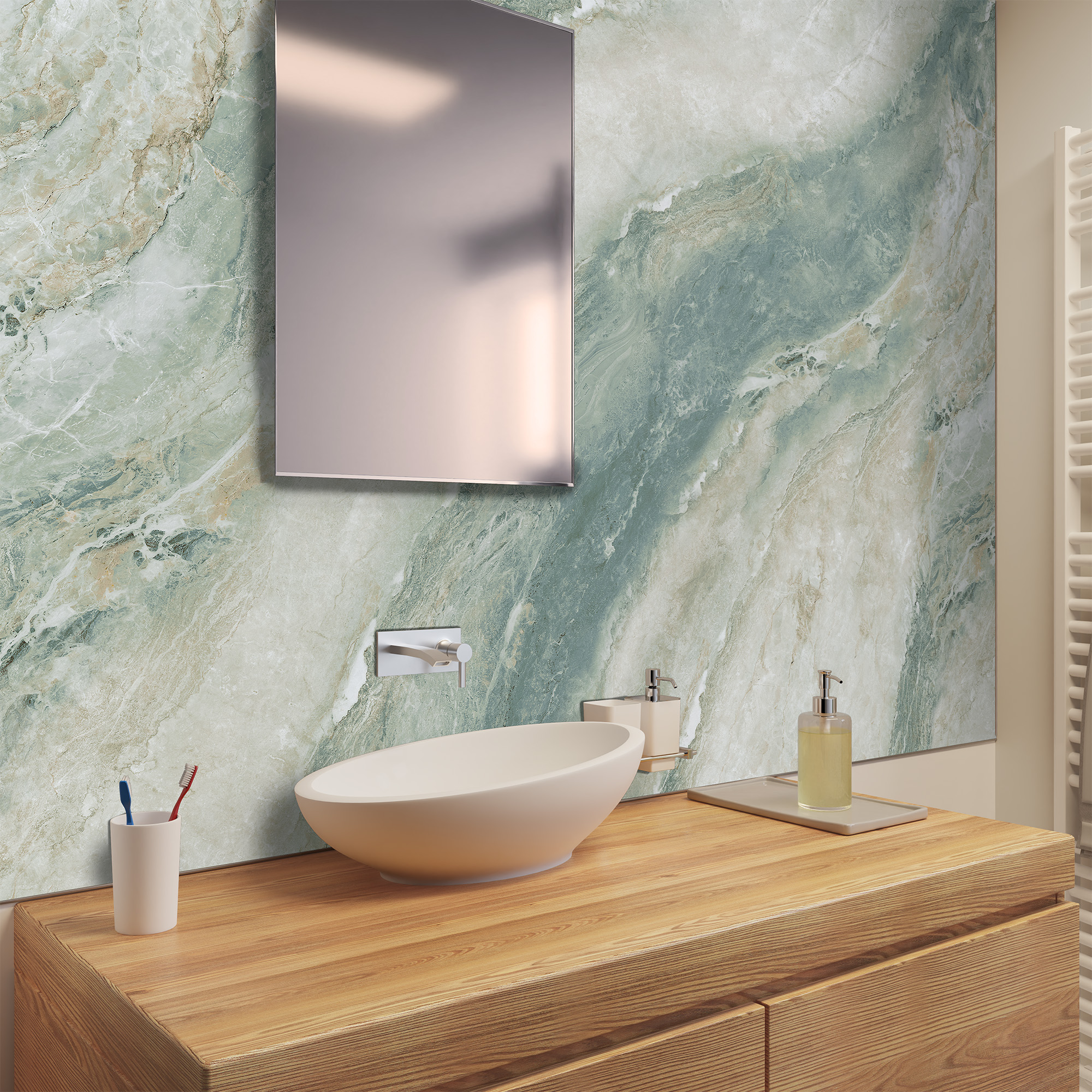 Duschrückwand Seidenmatt Onyxmarmor Grün Waschtisch