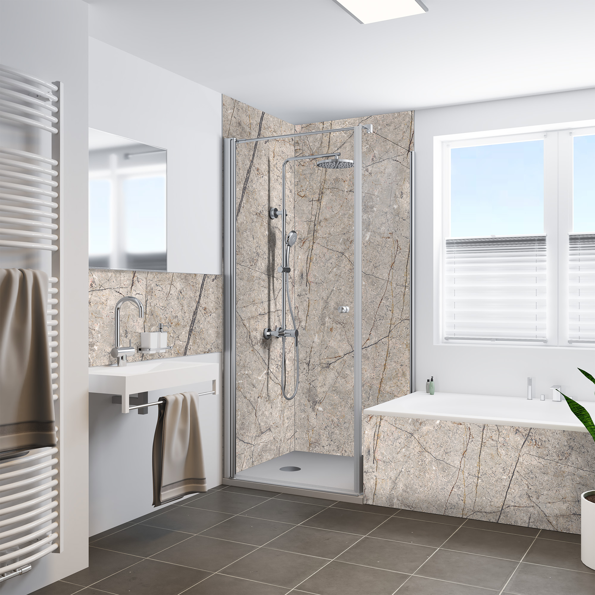 Duschrückwand Seidenmatt Naturstein Tundra Dusche+BSW