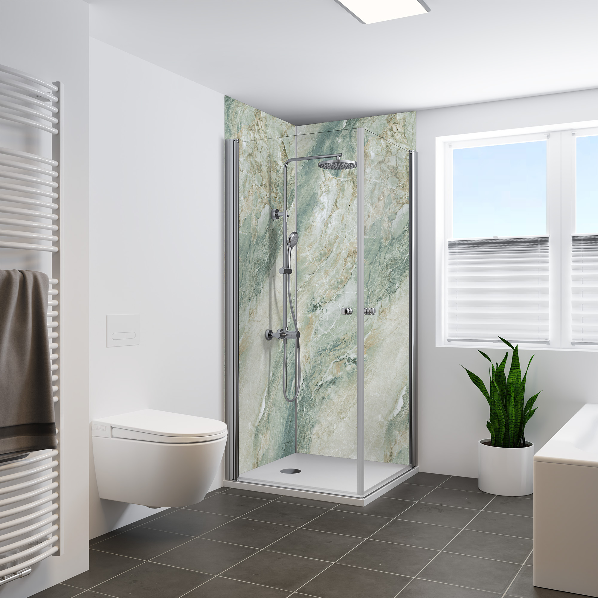 Duschrückwand Seidenmatt Onyxmarmor Grün Eckeinstieg