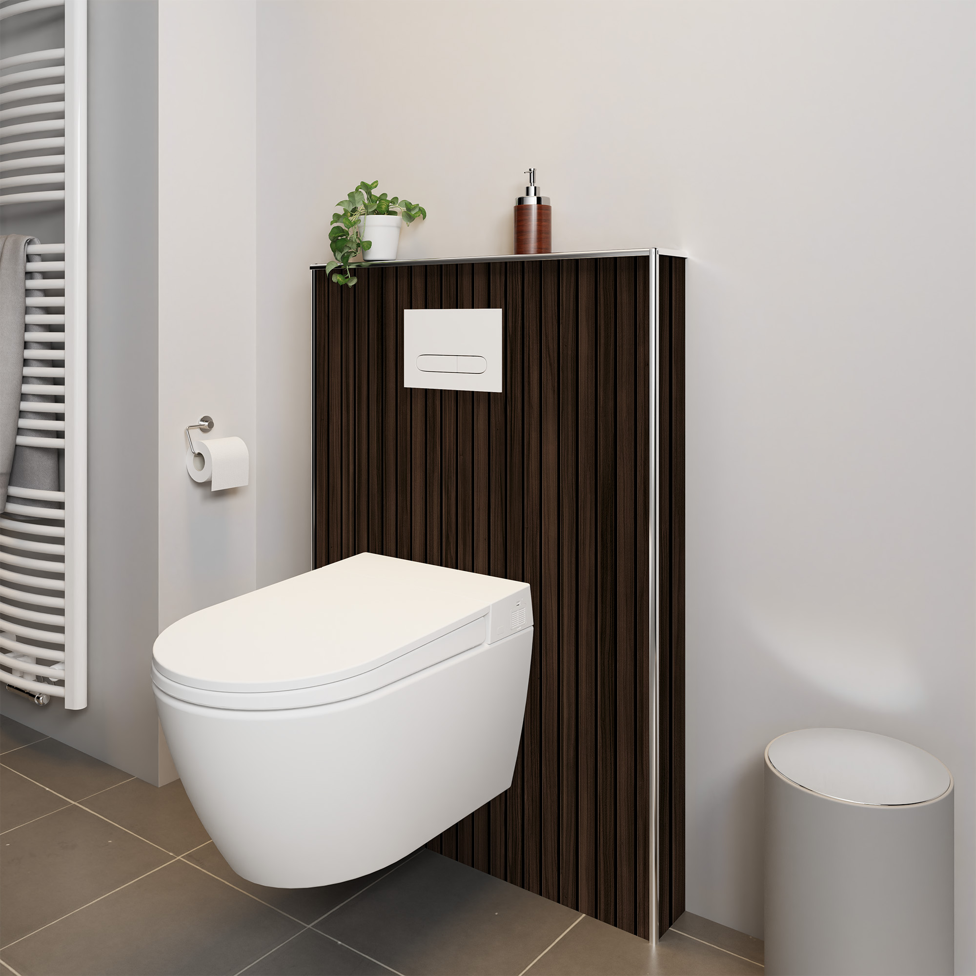 Duschrückwand Holzstruktur Scandi vertikal dunkel Dusch-WC