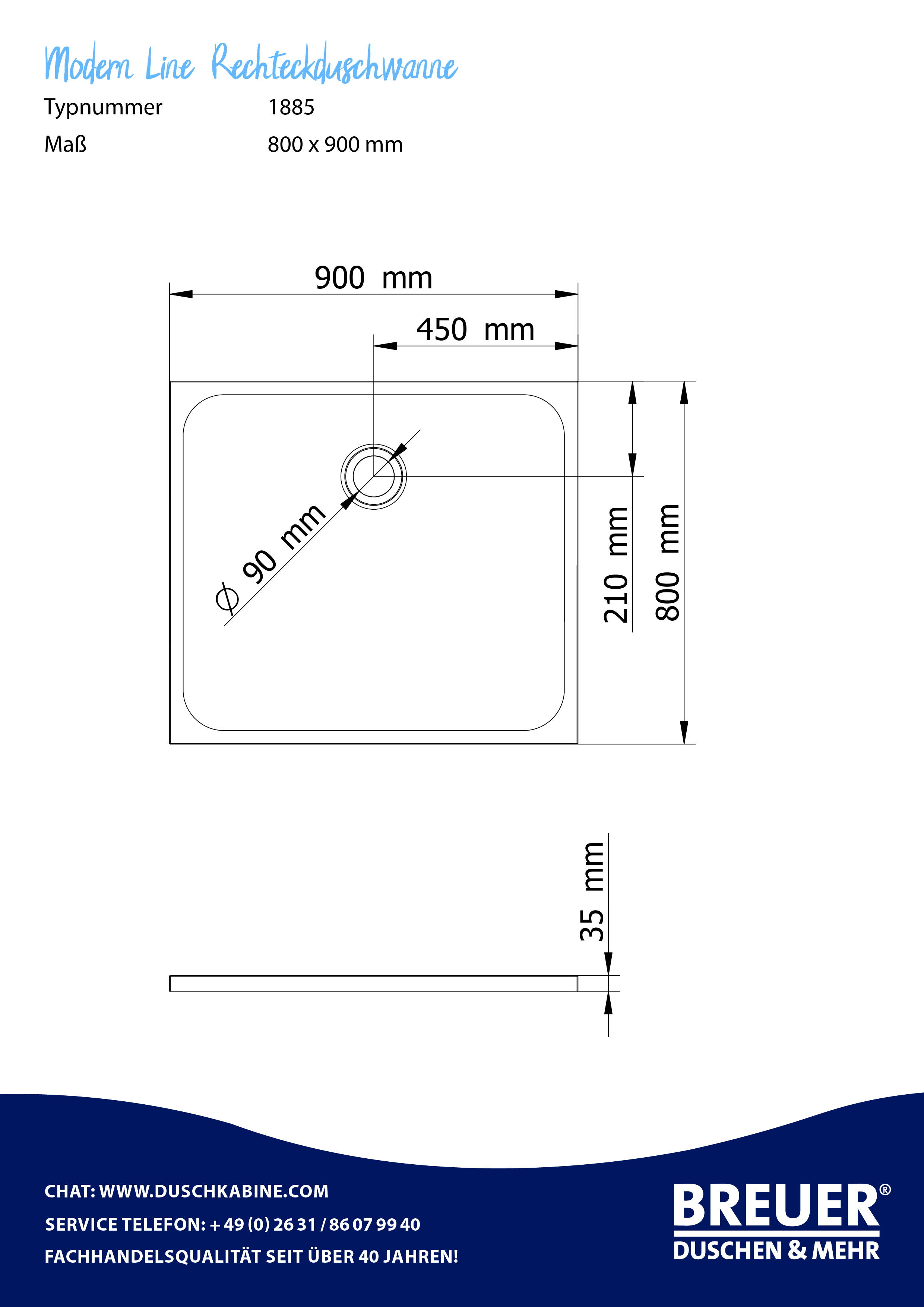Modern Line Rechteckwanne, Maßzeichnung 800x900 mm