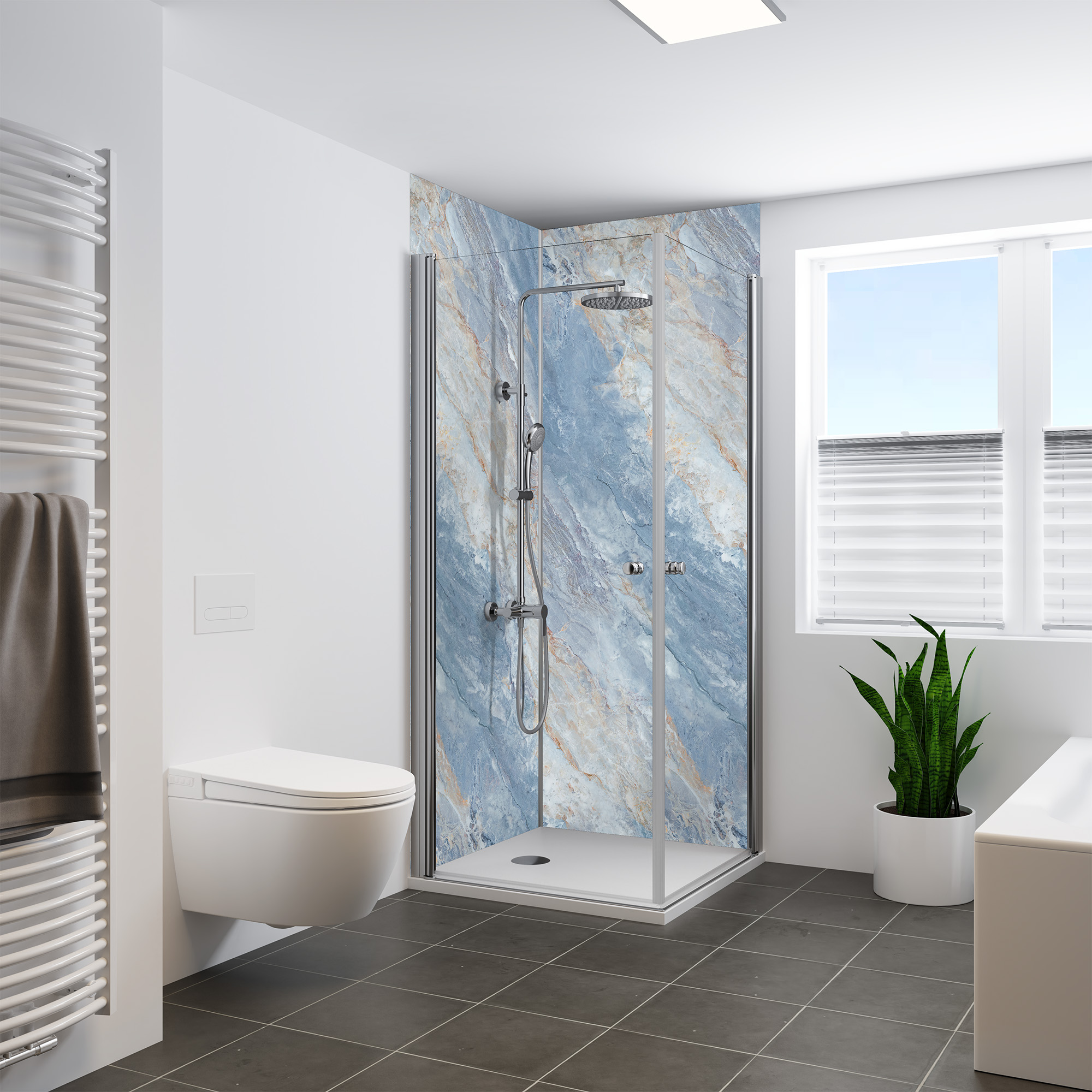 Duschrückwand Seidenmatt Marmor Blau Eckeinstieg