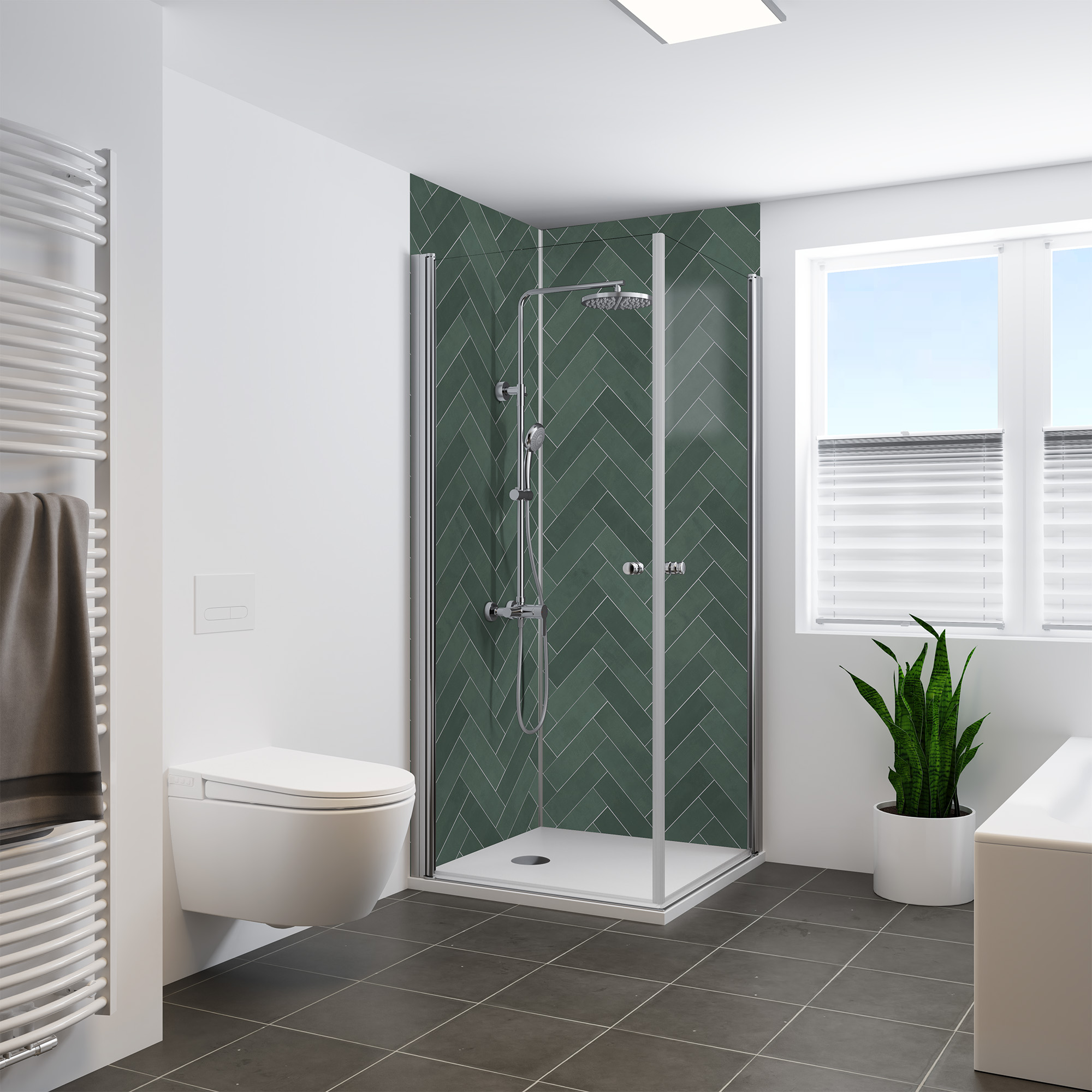Duschrückwand Seidenmatt Fischgrät Grün Eckeinstieg