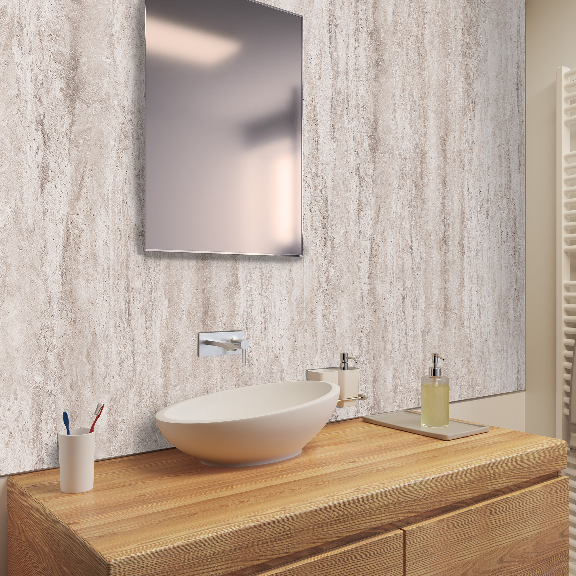 Duschrückwand Steinstruktur Tavertin Beige Waschtisch