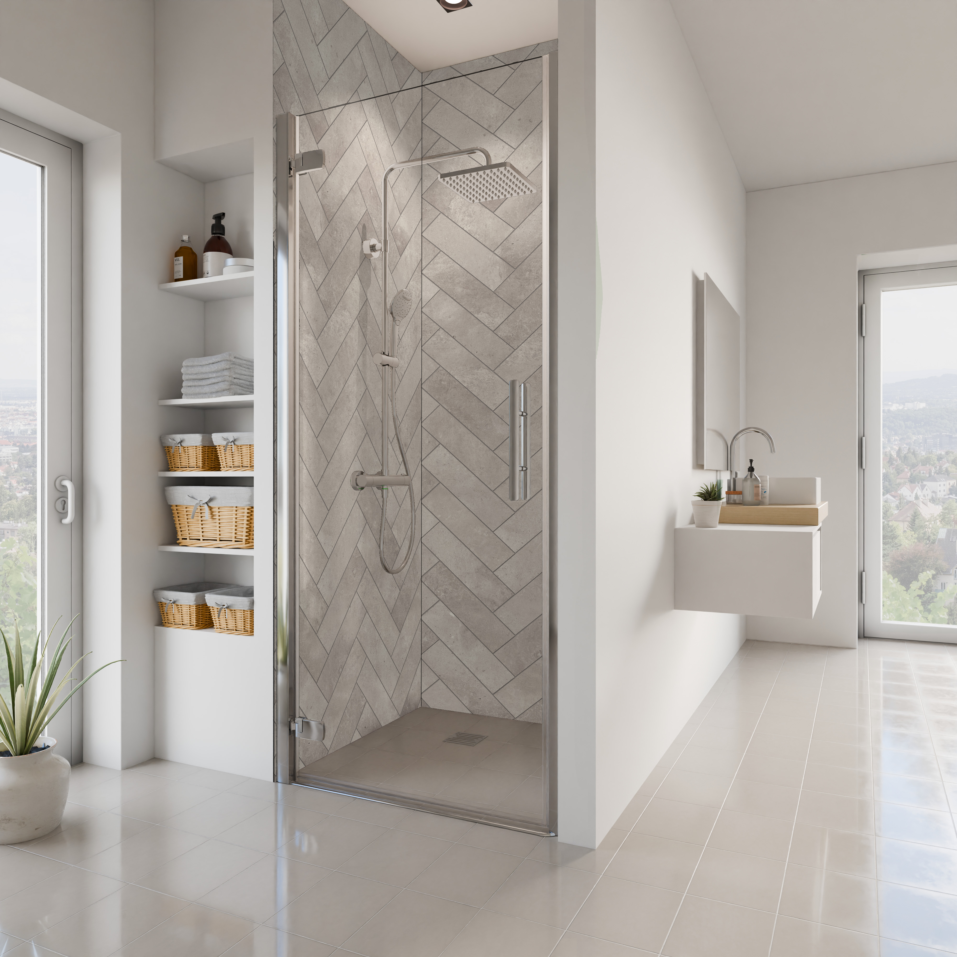 Duschrückwand Seidenmatt Fischgrät Grau Nische