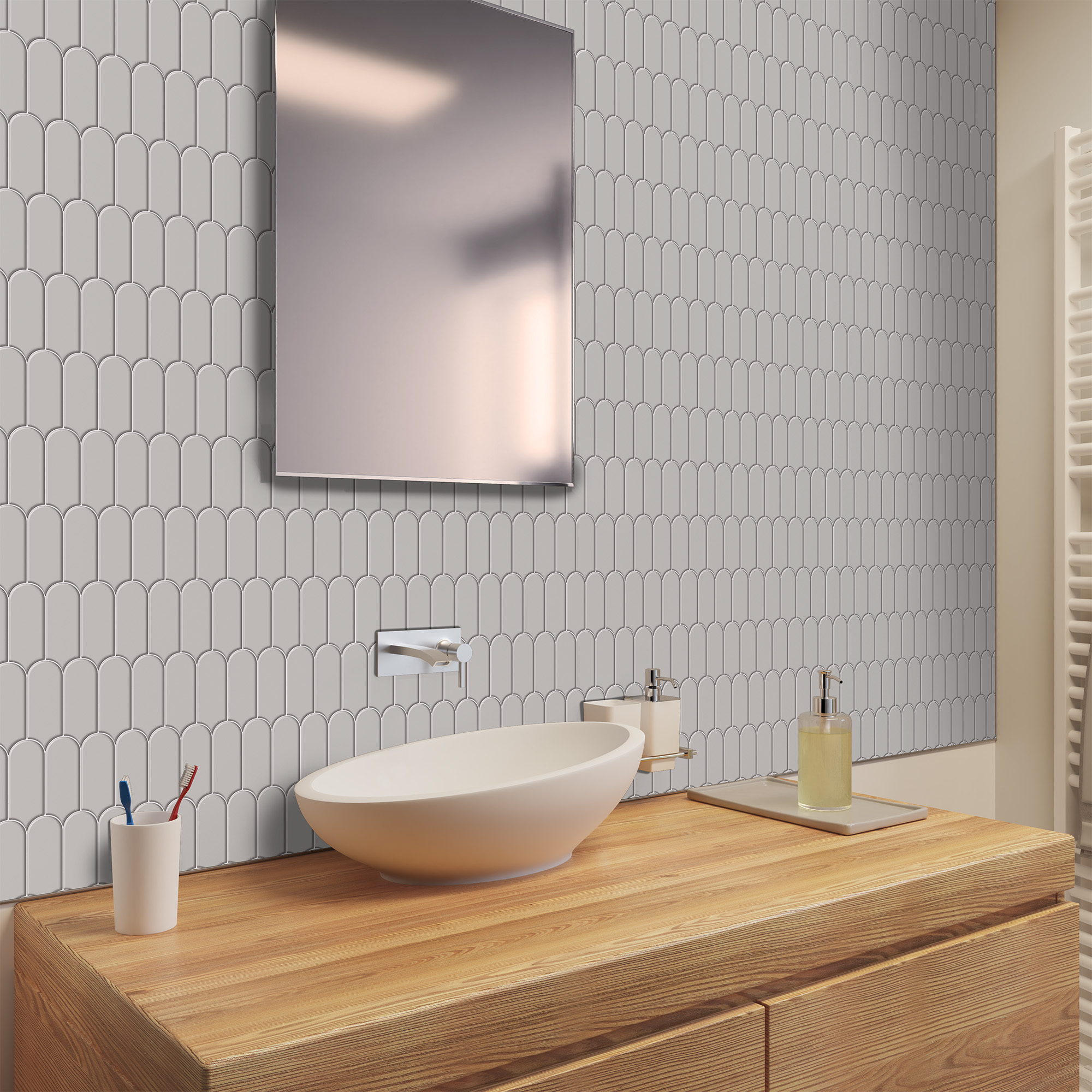 Duschrückwand Hochglanz Bogenmosaik Grau Waschtisch